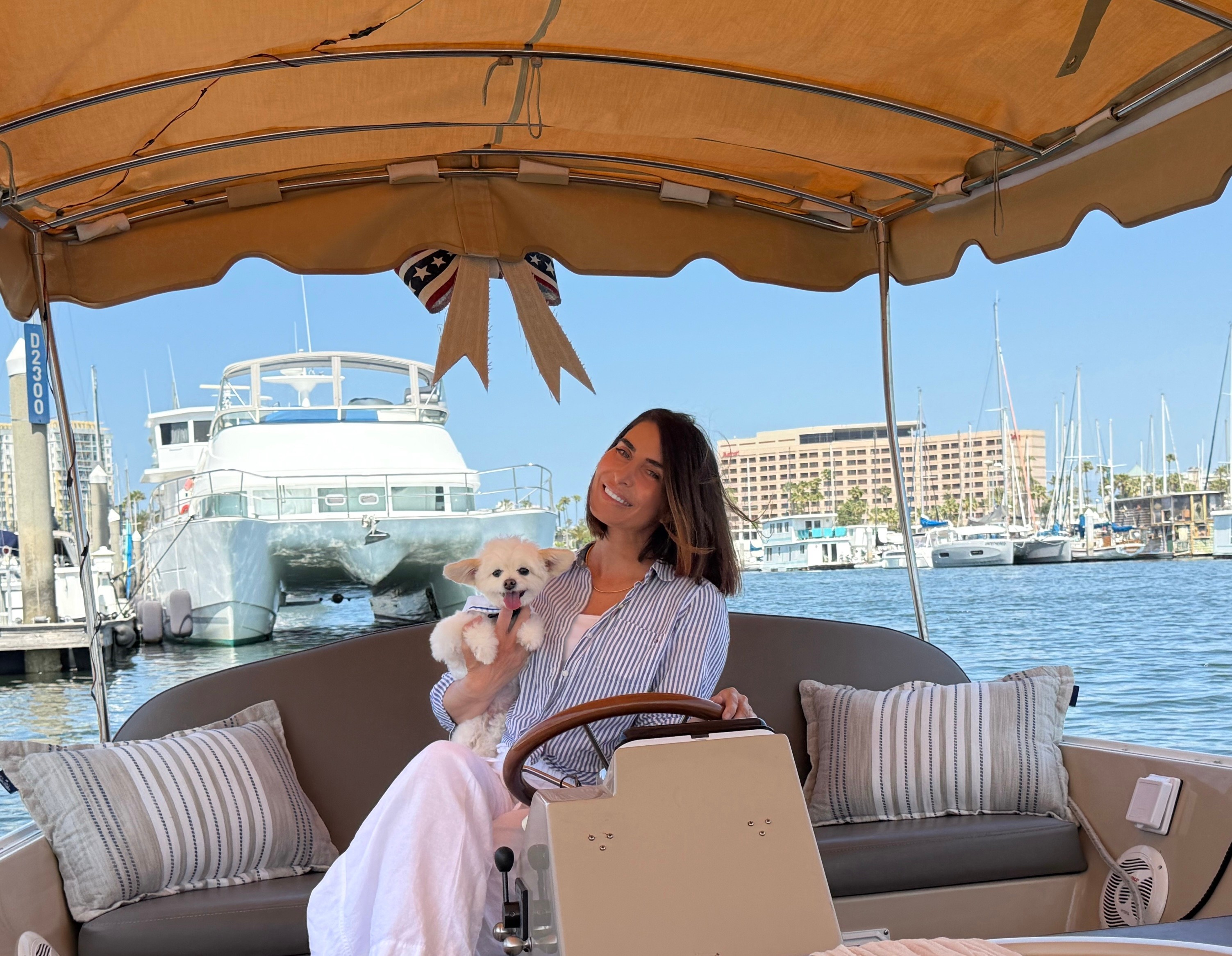 Woman holding a puppy on a boat with a marina and large yacht in background, under a canopy with striped pillows.