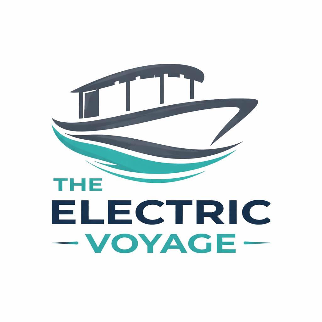 A boat with a canopy above water, with the text 'The Electric Voyage' below, in blue and teal colors.