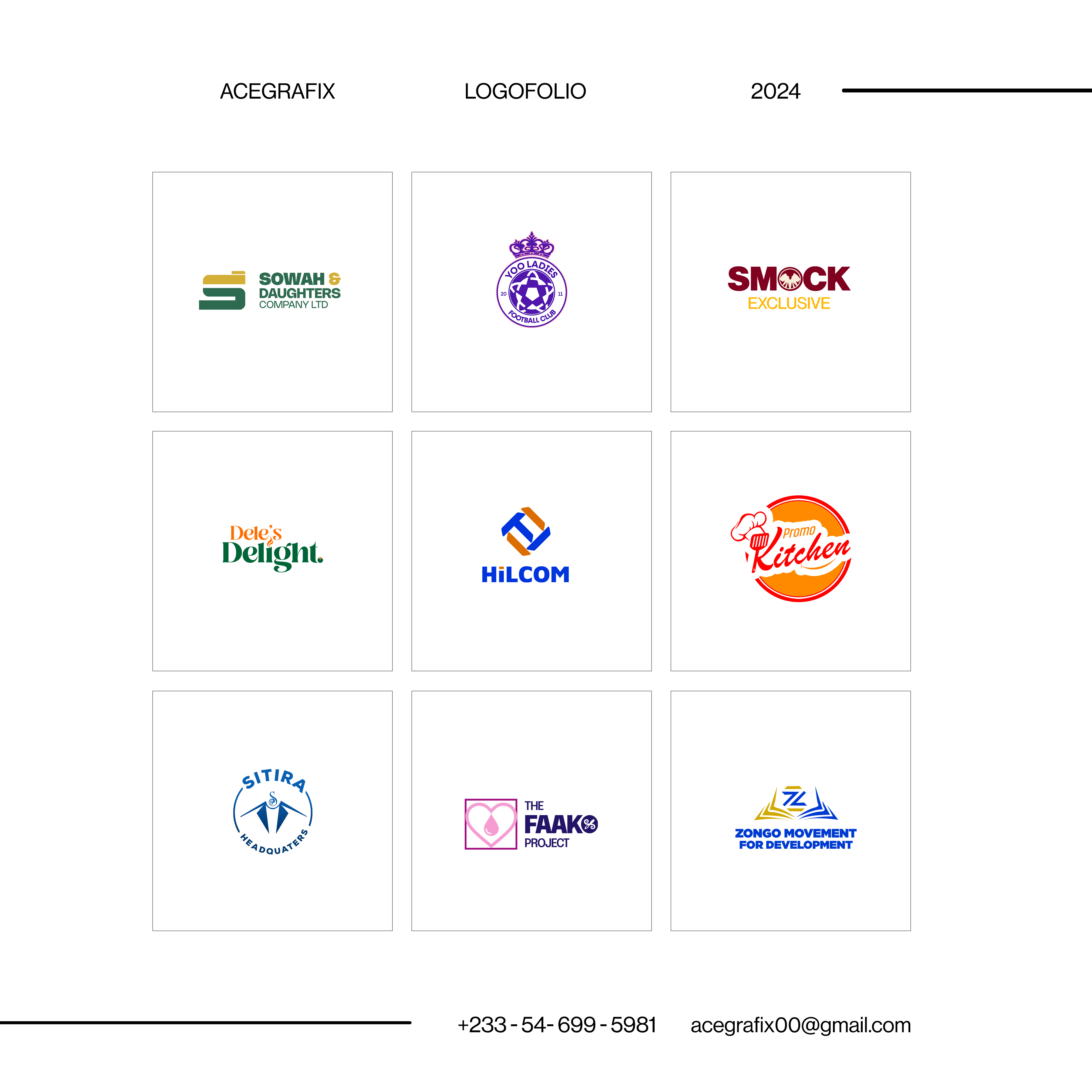 Grid of nine logos with text at top, contact info at bottom, and a white background.