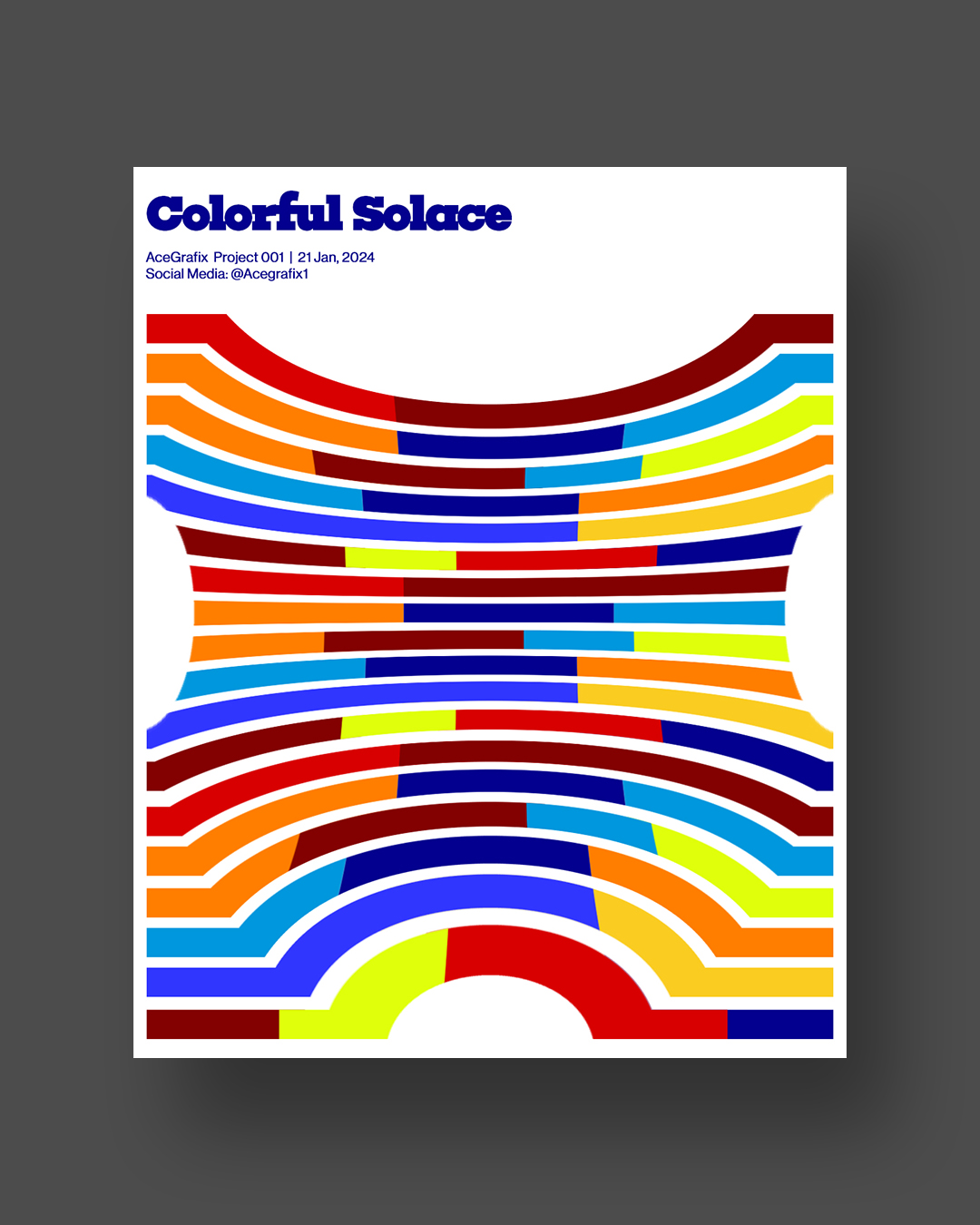 Colorful abstract pattern with curved, horizontal lines in red, blue, yellow, orange, and green on a white background.
