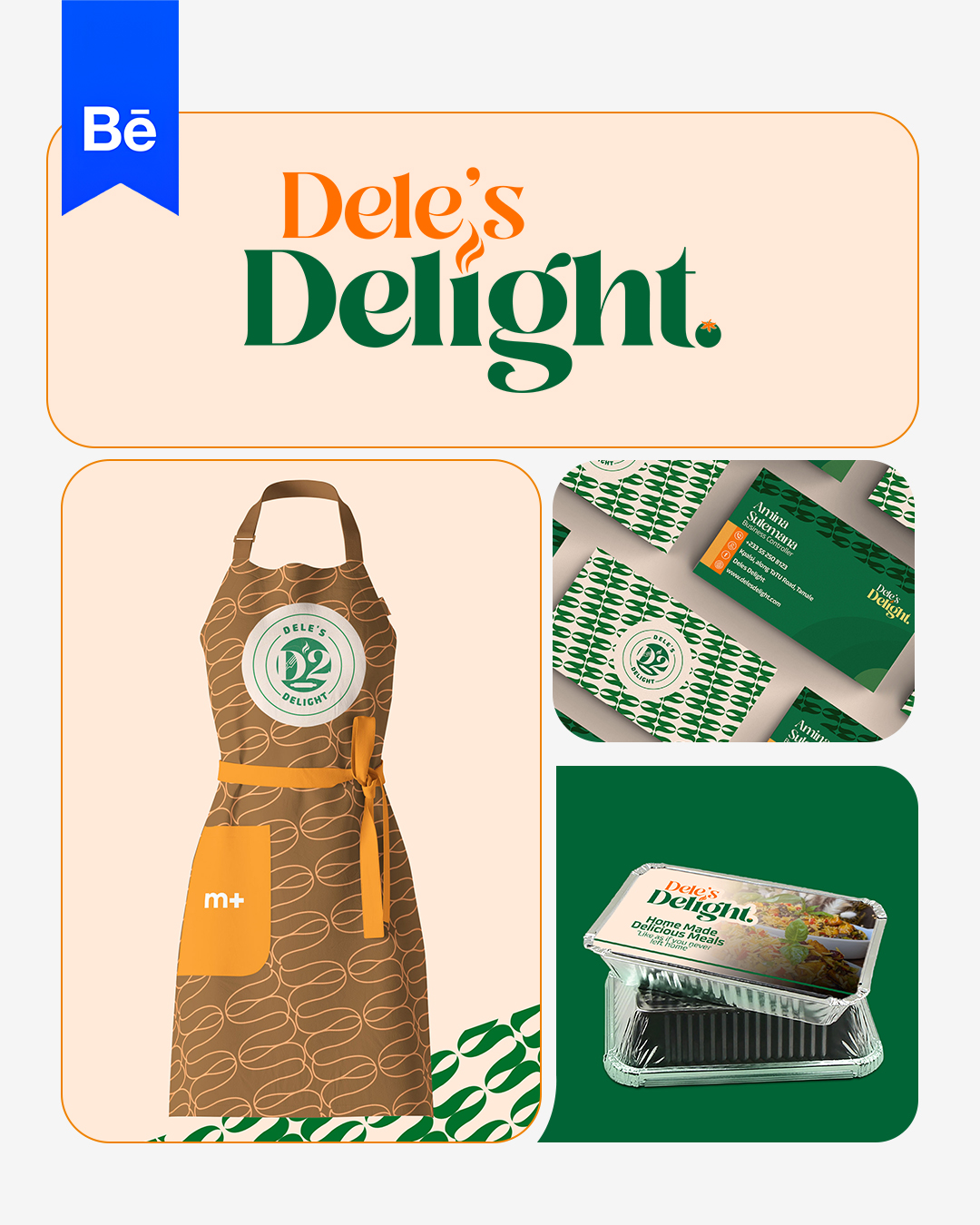 Product packaging with a logo, apron, and food containers, all featuring green and white designs, on a beige background.