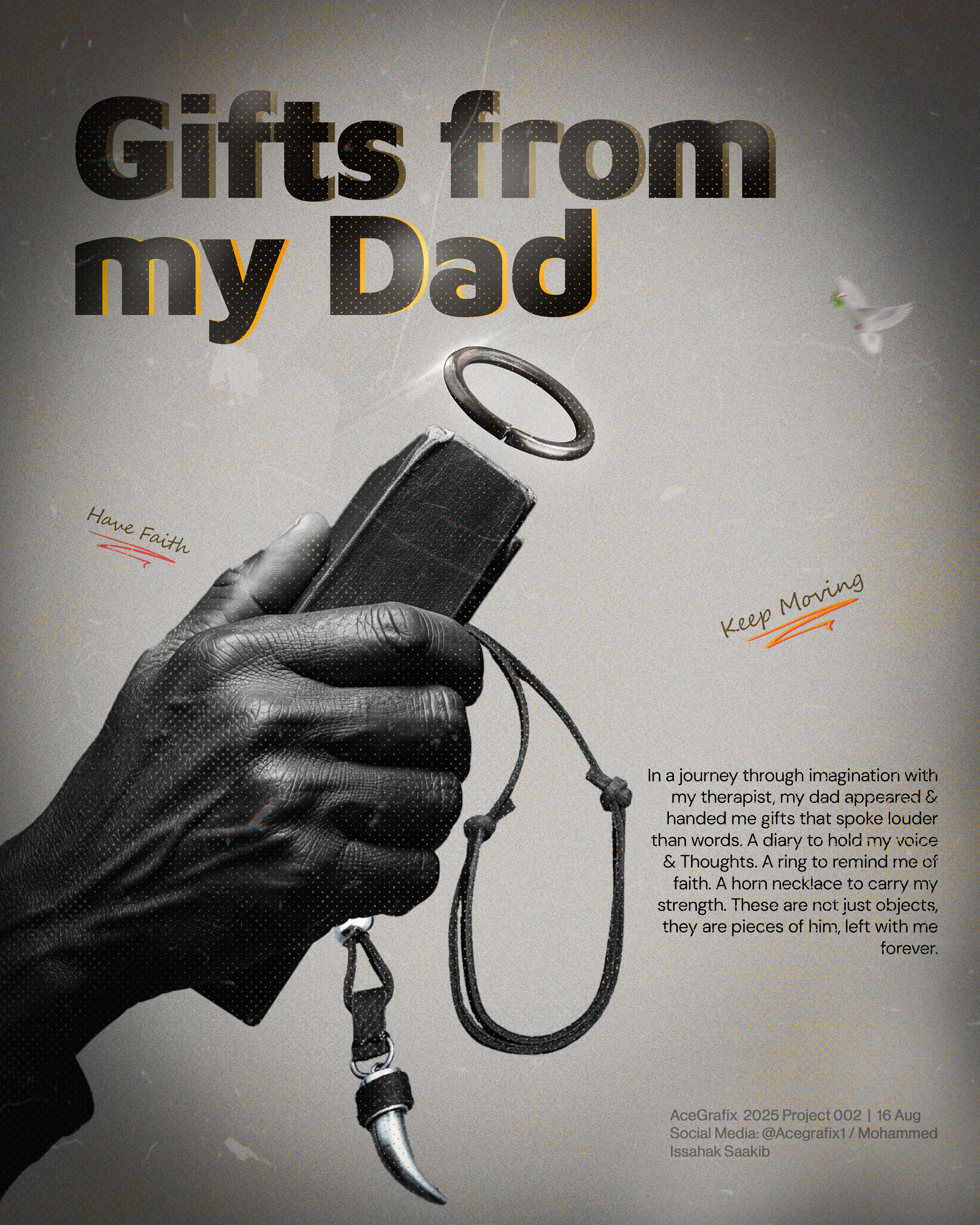 Hand holding a gift box with a stethoscope, with text about gifts from a father and a journey of healing.