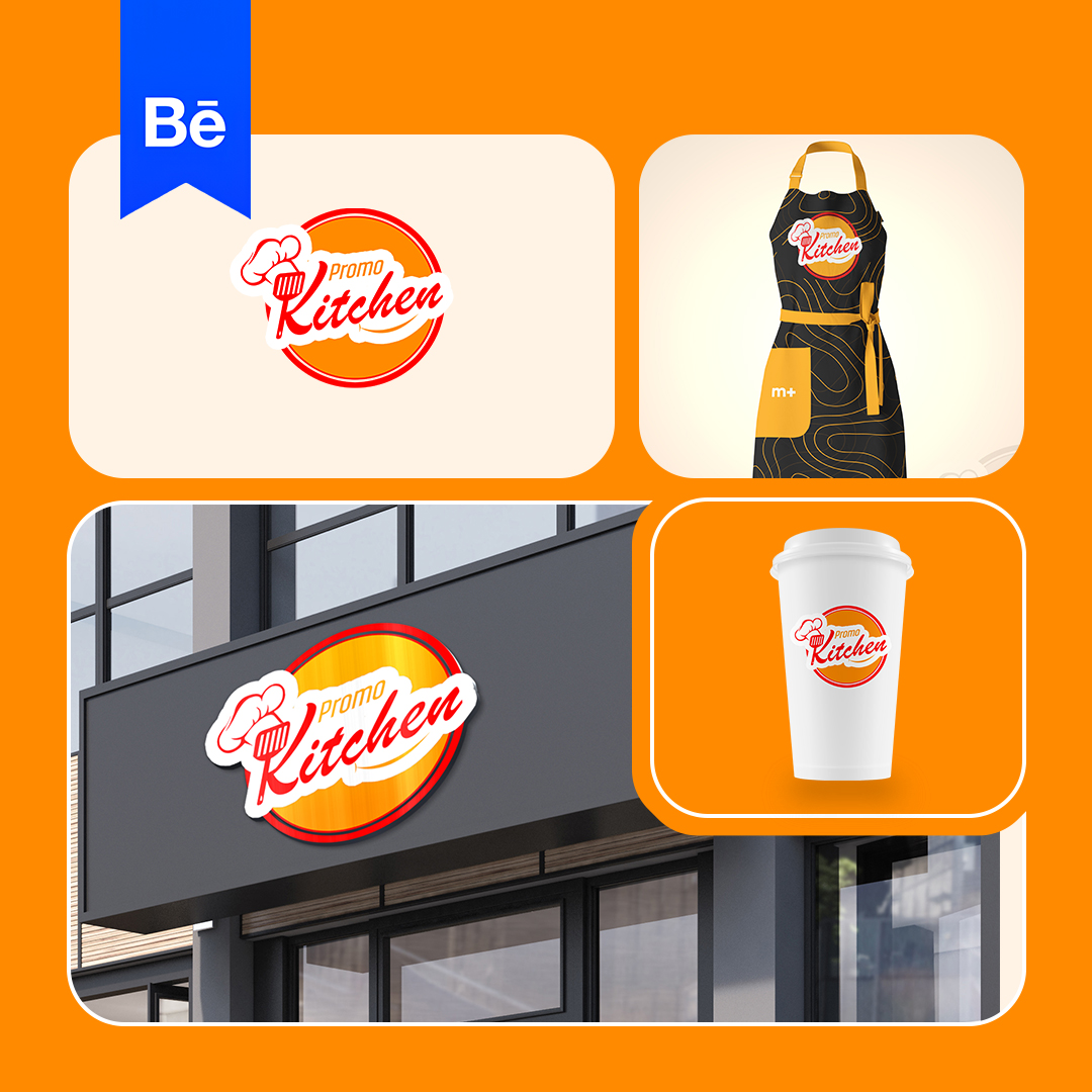 Signage for a kitchen or food-related business with a logo, apron, cup, and storefront window display.
