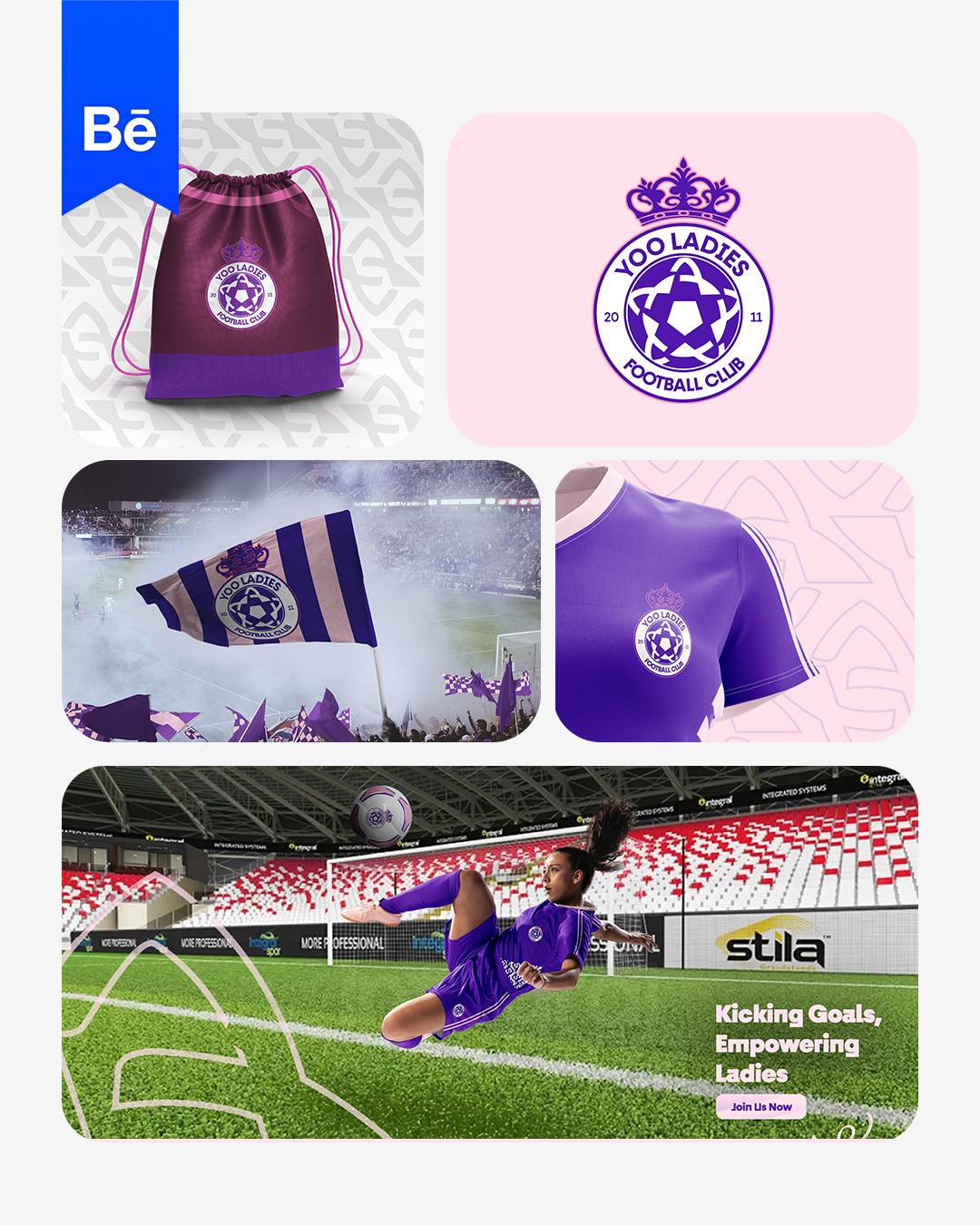 Collage of images related to a women's football team, including a purple bag, team logo, flag, jersey, and a goalkeeper diving.