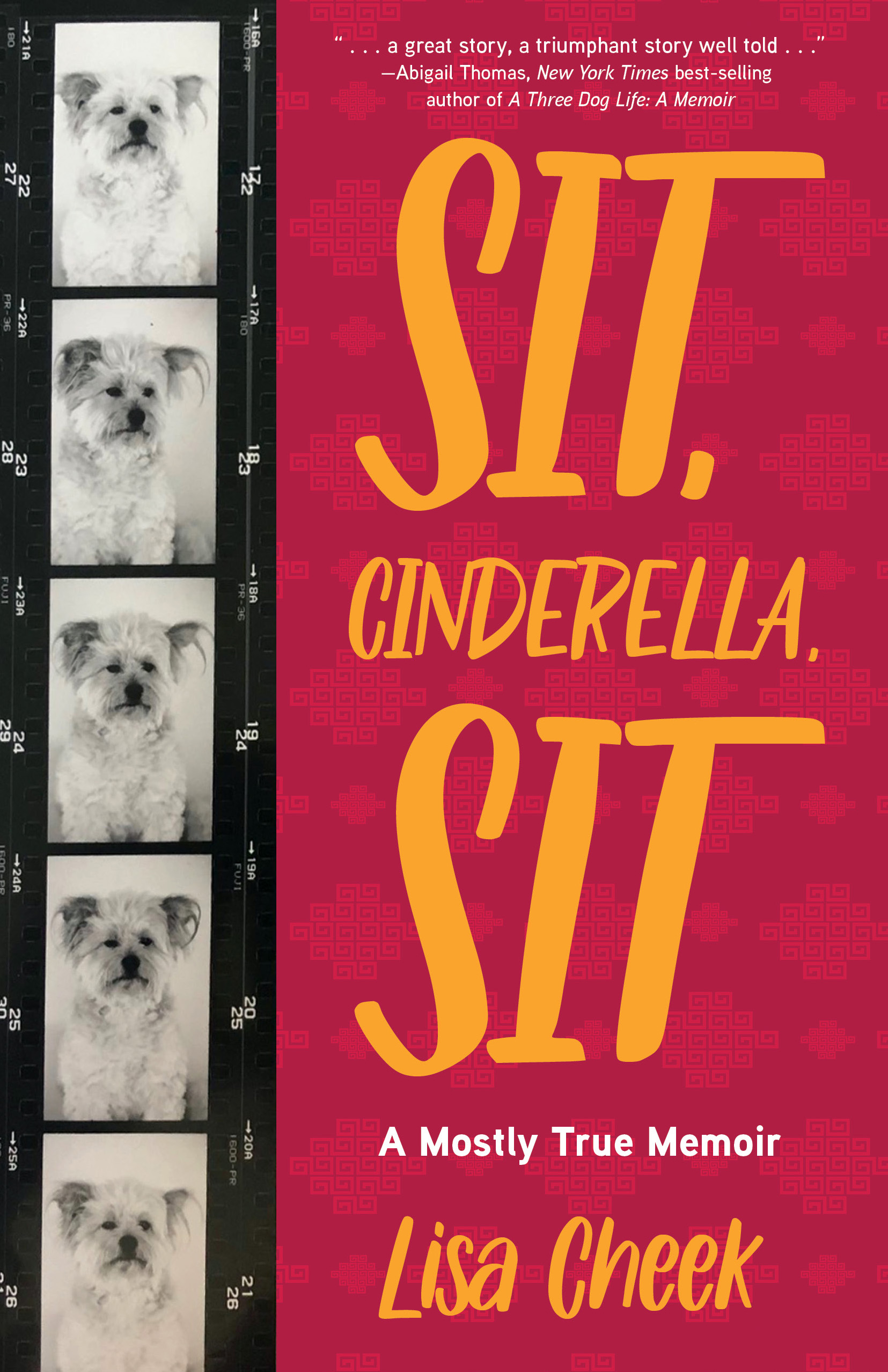 Book cover with pink background, large yellow and pink text, and a film strip with dog photos on the left.