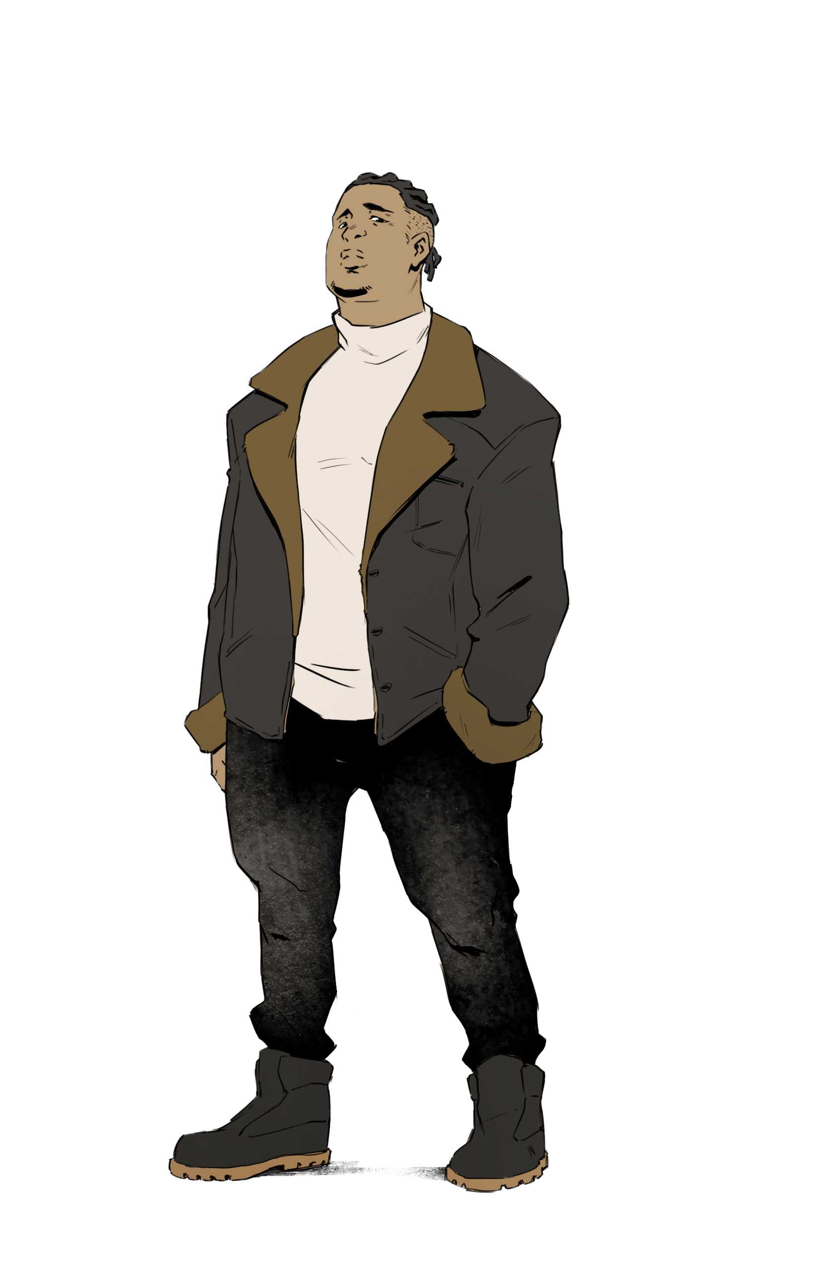 Person standing with hands in pockets, wearing a jacket and jeans, looking upward, against a plain white background.