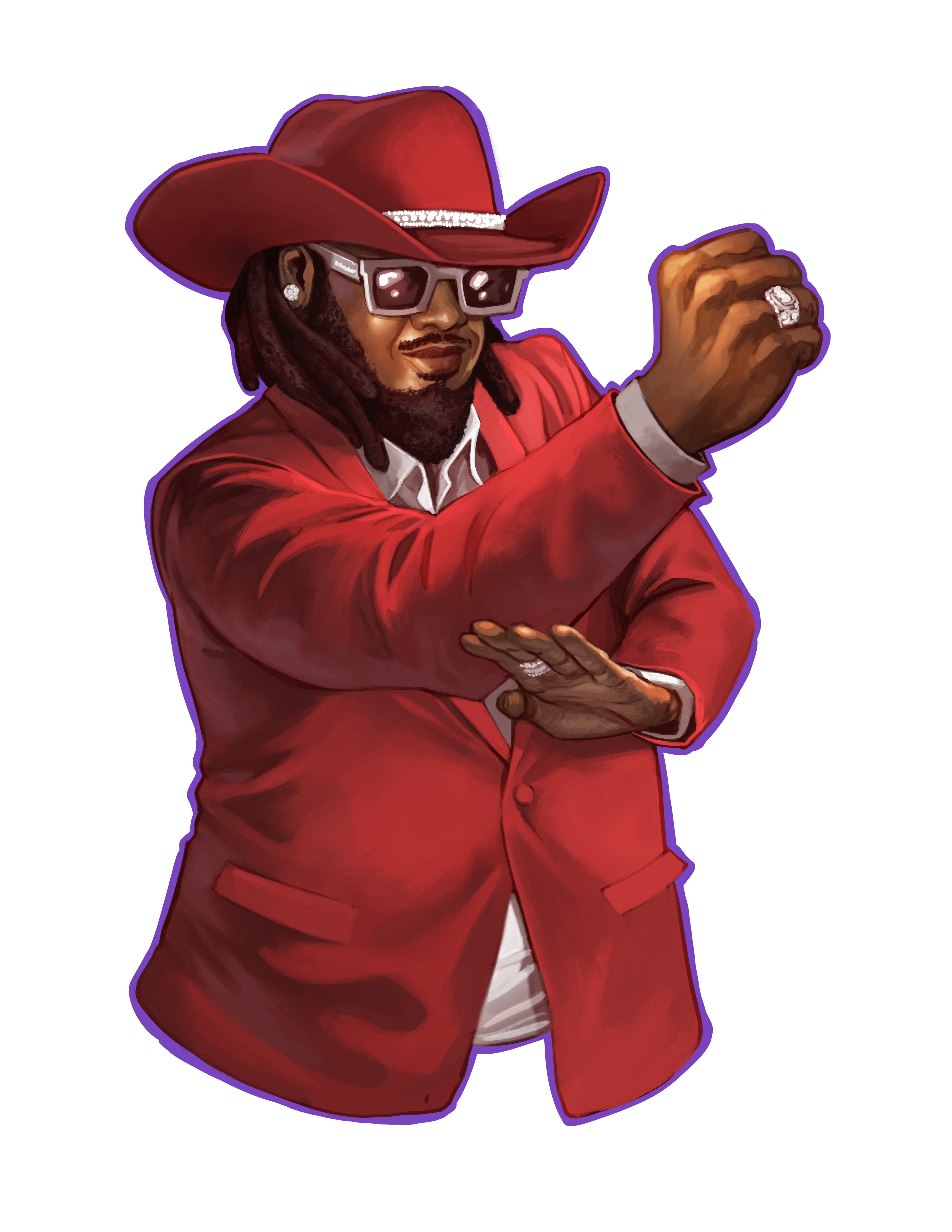 Person wearing a red hat, sunglasses, and red jacket, with dreadlocks, making a gesture with their hand.
