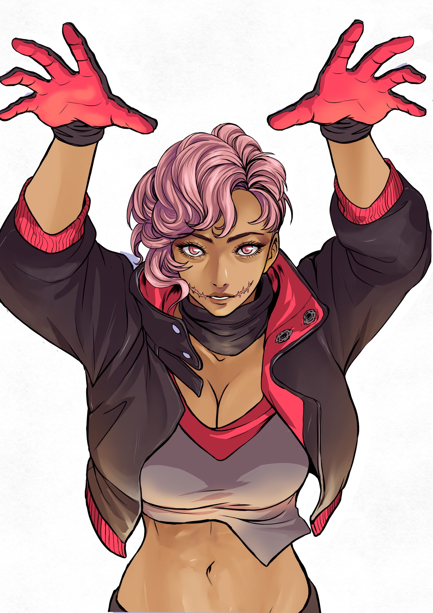 A woman with short, wavy pink hair raises her hands above her head, wearing a black and red jacket and a crop top.