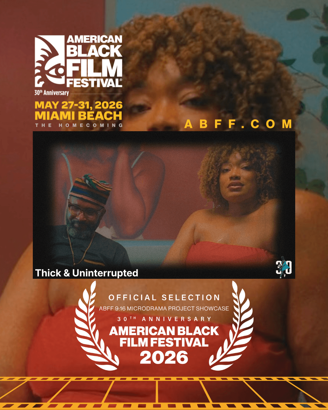 Close-up of a person with curly hair, with two smaller images of women below, and festival information. Alt text: Festival poster with people and event details.