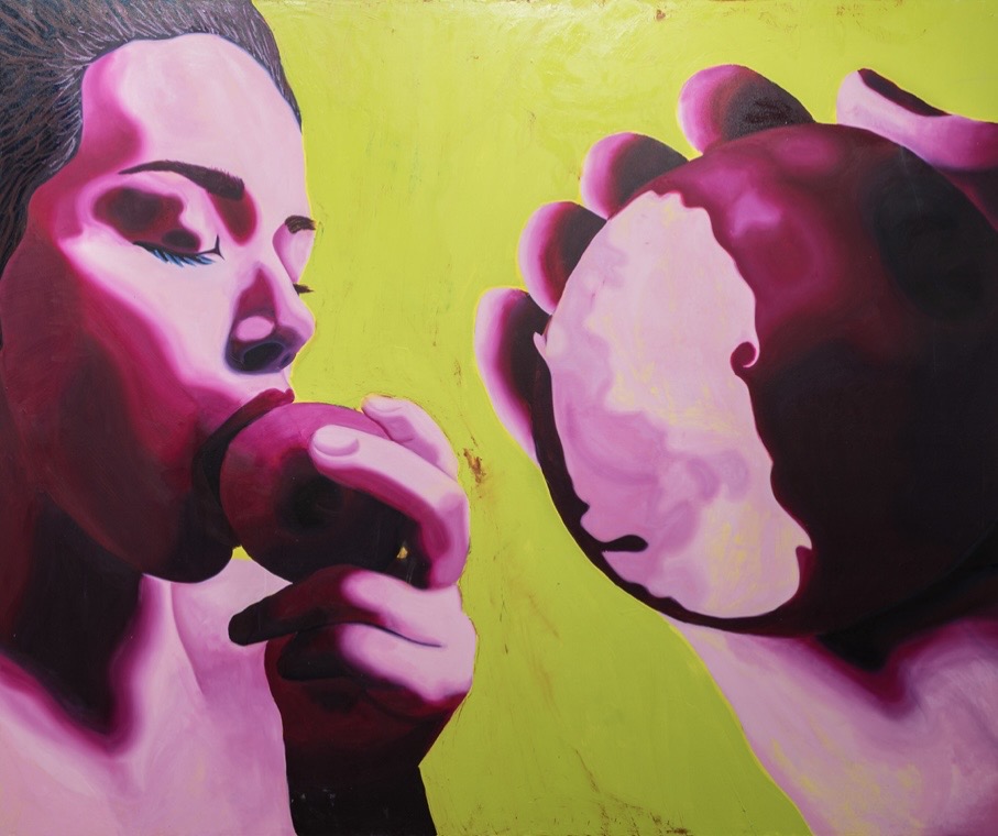 Painting of a woman with closed eyes eating an ice cream cone, with a large ice cream scoop on the right, bright yellow background.