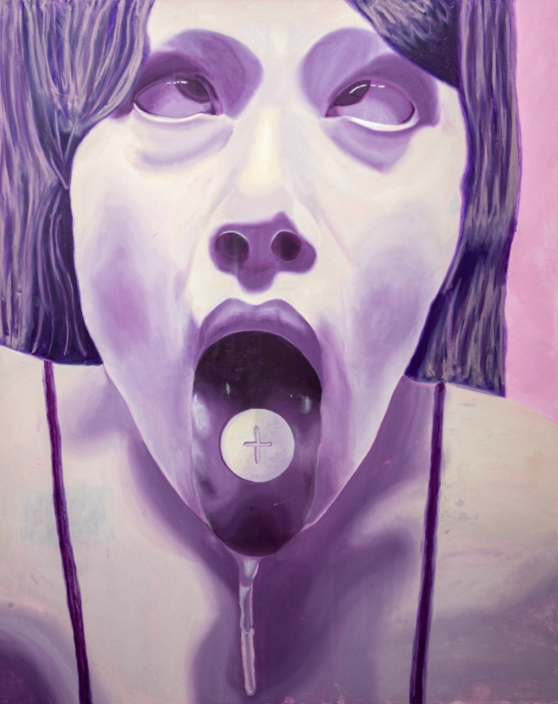 A painting of a person with purple-toned skin, open mouth, and tongue sticking out, against a pink background.