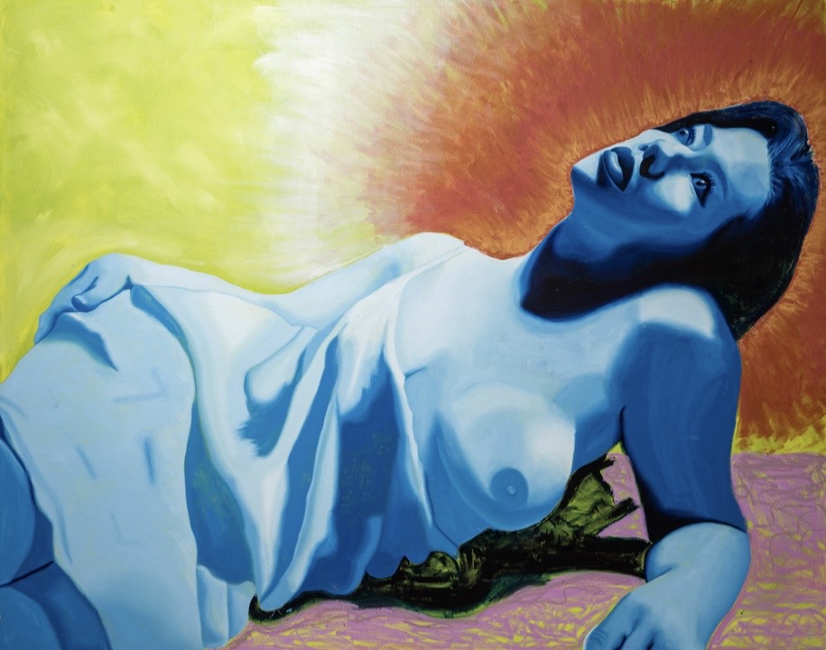 A stylized painting of a reclining woman with a blue hue, surrounded by colorful abstract background.