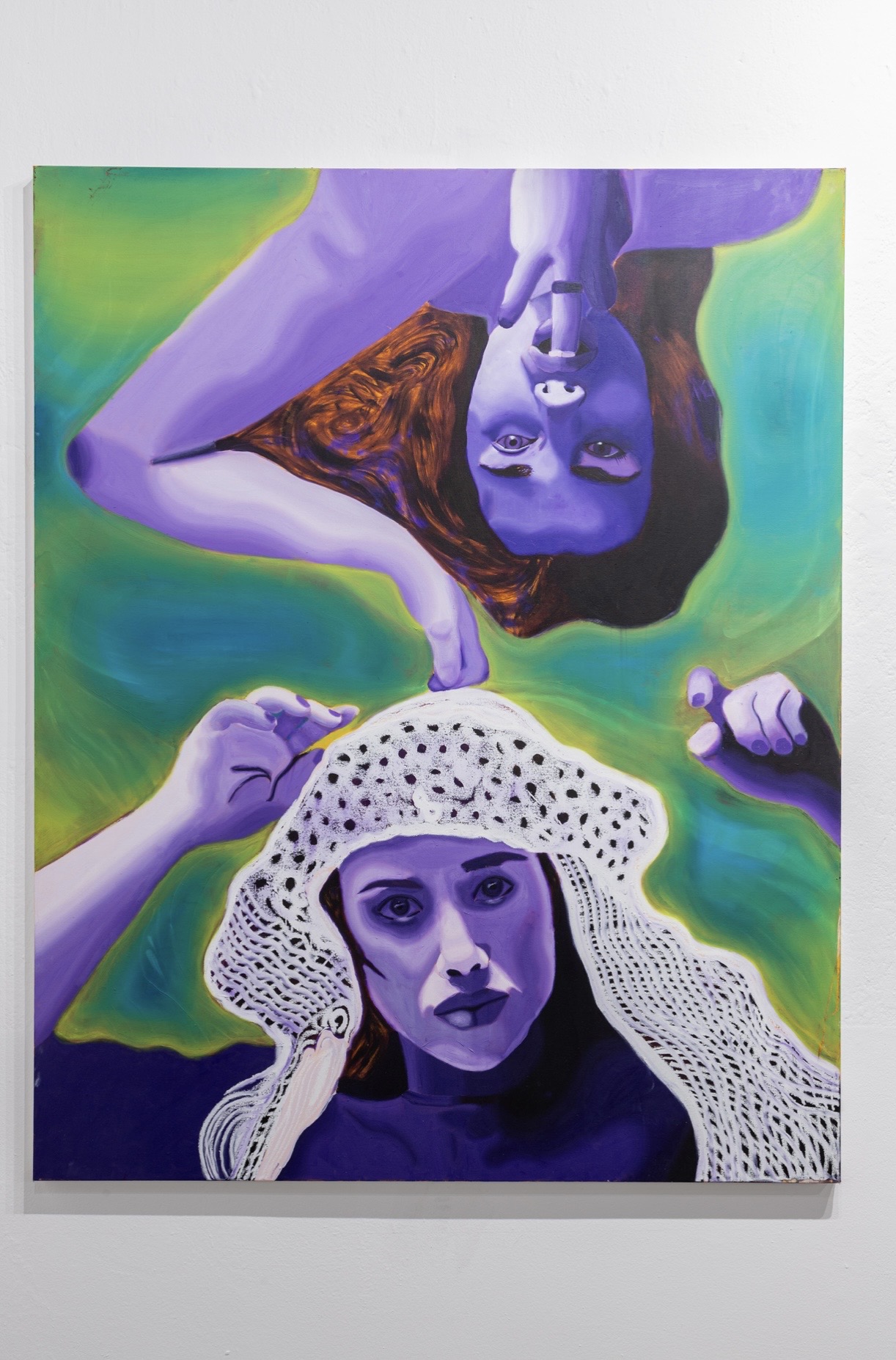 Two women with purple skin and dark hair, one wearing a white lace hat, in a colorful abstract background.