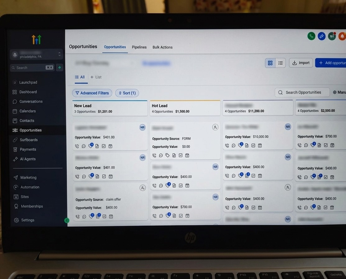Laptop screen displaying a dashboard with opportunities, filters, and data tables, with a sidebar menu on the left.