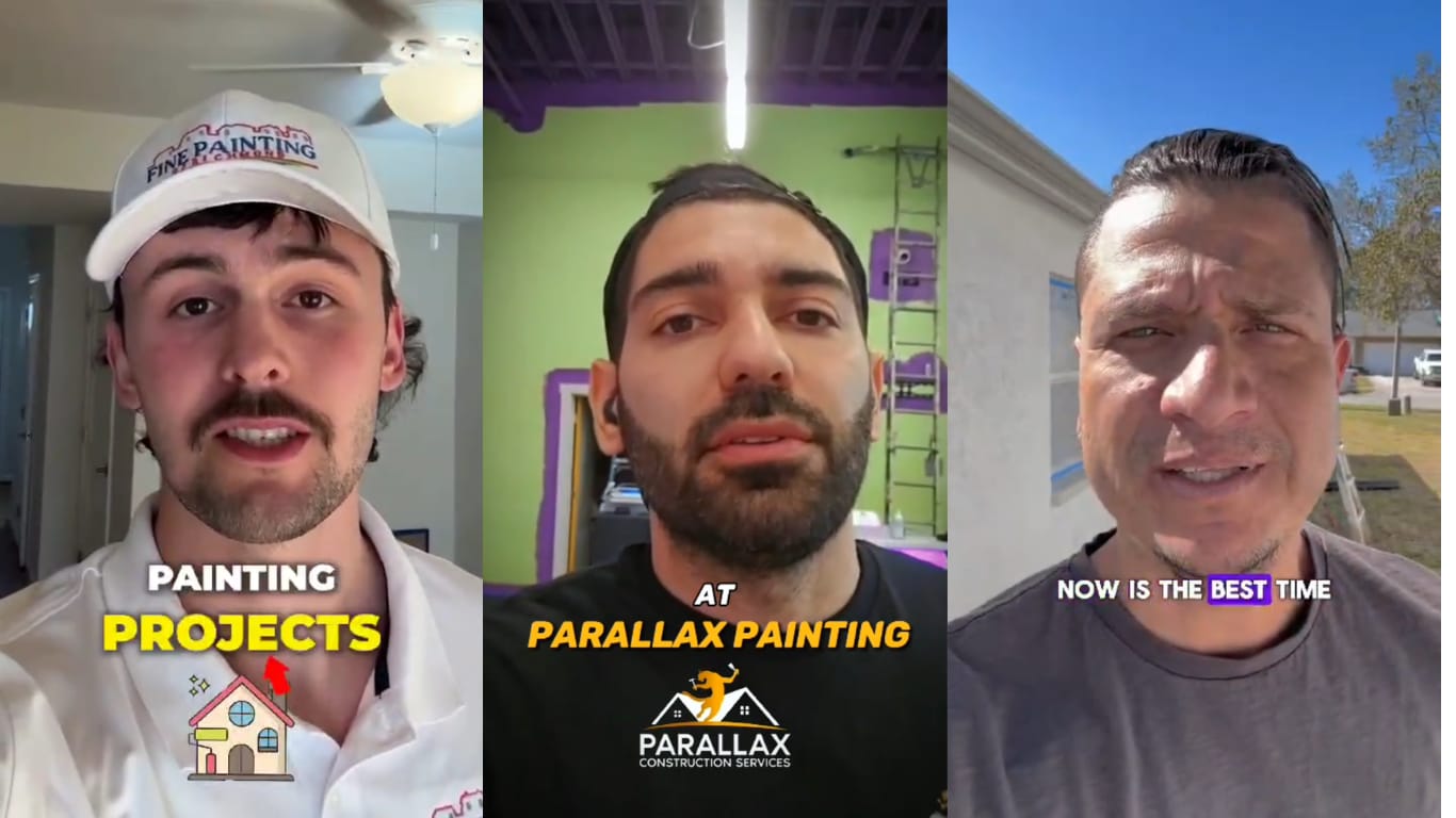 Three men in different settings, with text about painting projects, parallax painting, and a time reference.