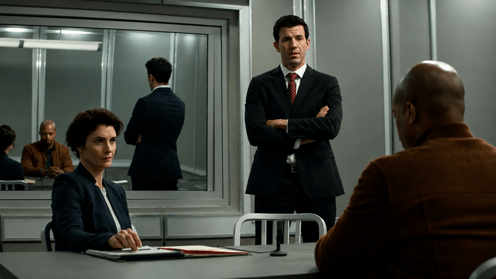 A woman and a man sit at a table in a room with a large mirror, while another man stands with arms crossed nearby.