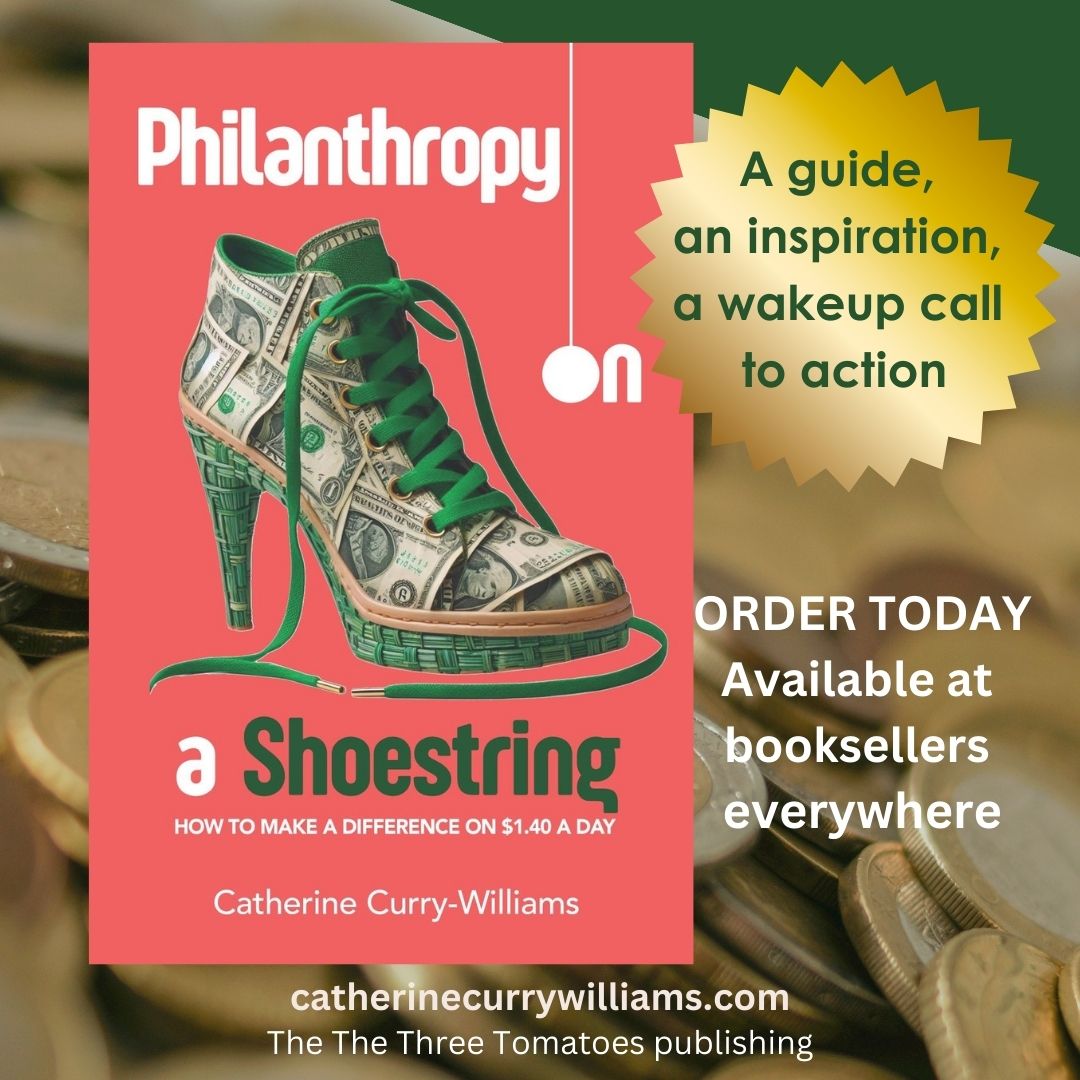Book cover titled 'Philanthropy on a Shoestring' with a high-heeled shoe made of dollar bills, pink background, and a yellow badge. 20 words.