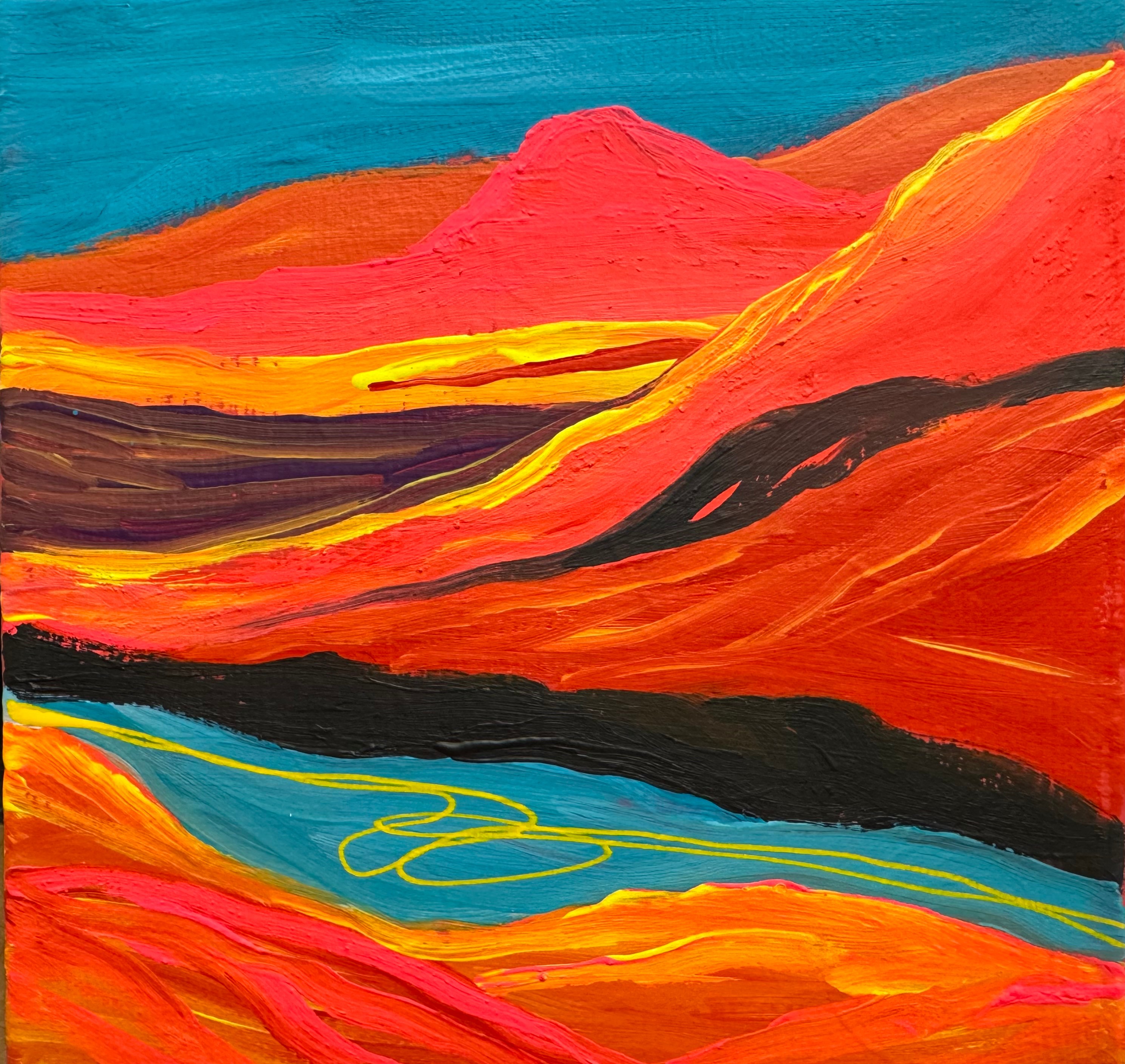 Abstract landscape with vibrant red, orange, yellow, blue, and black colors, depicting mountains, sky, and a river.