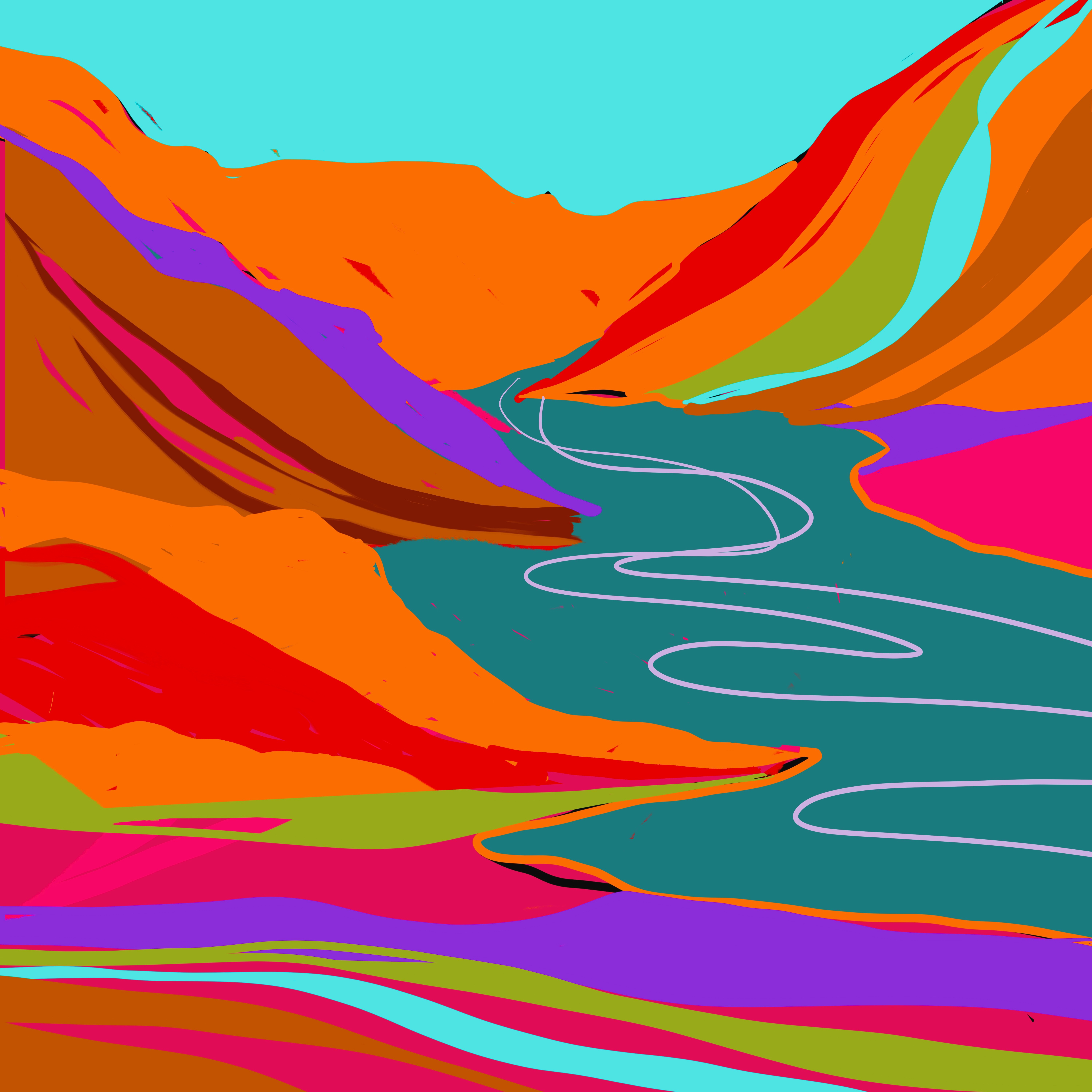 Colorful landscape with mountains, a winding river, and vibrant sky, depicted in abstract style with bold colors.