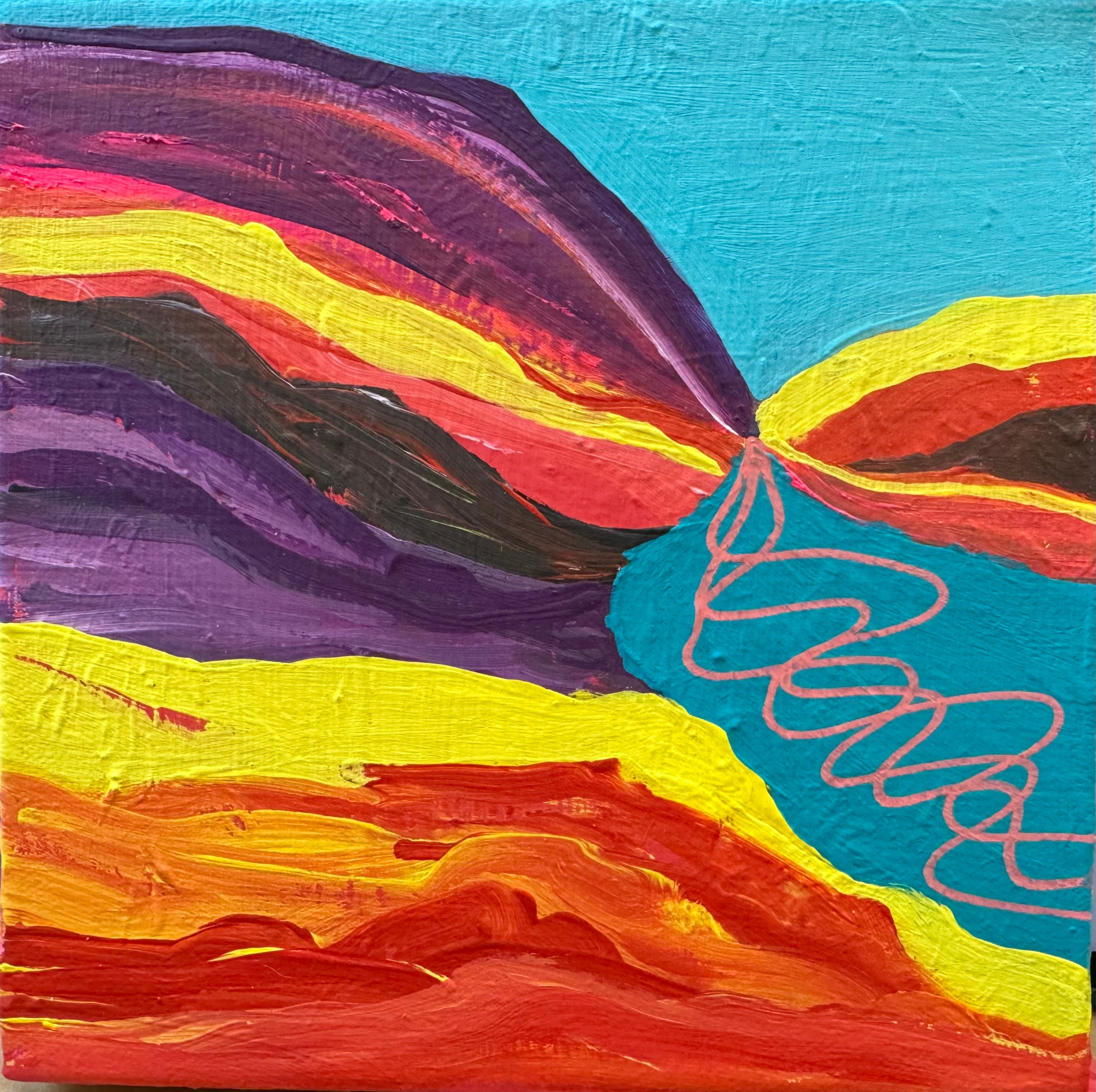 Abstract landscape with colorful hills and a blue sky, featuring bold, textured brushstrokes and vibrant colors.
