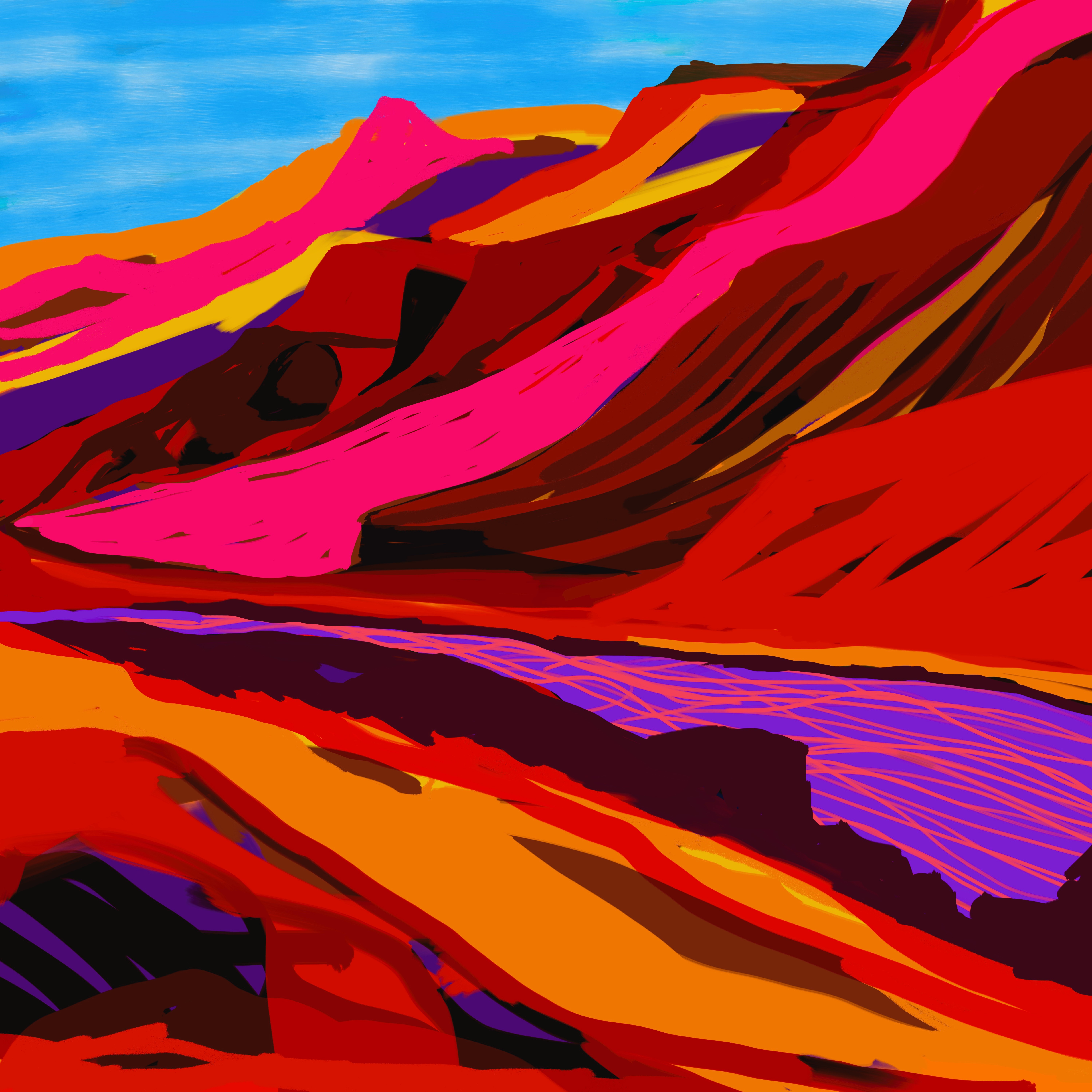 Colorful abstract landscape with mountains, river, and sky in vibrant pink, red, orange, purple, and blue hues.