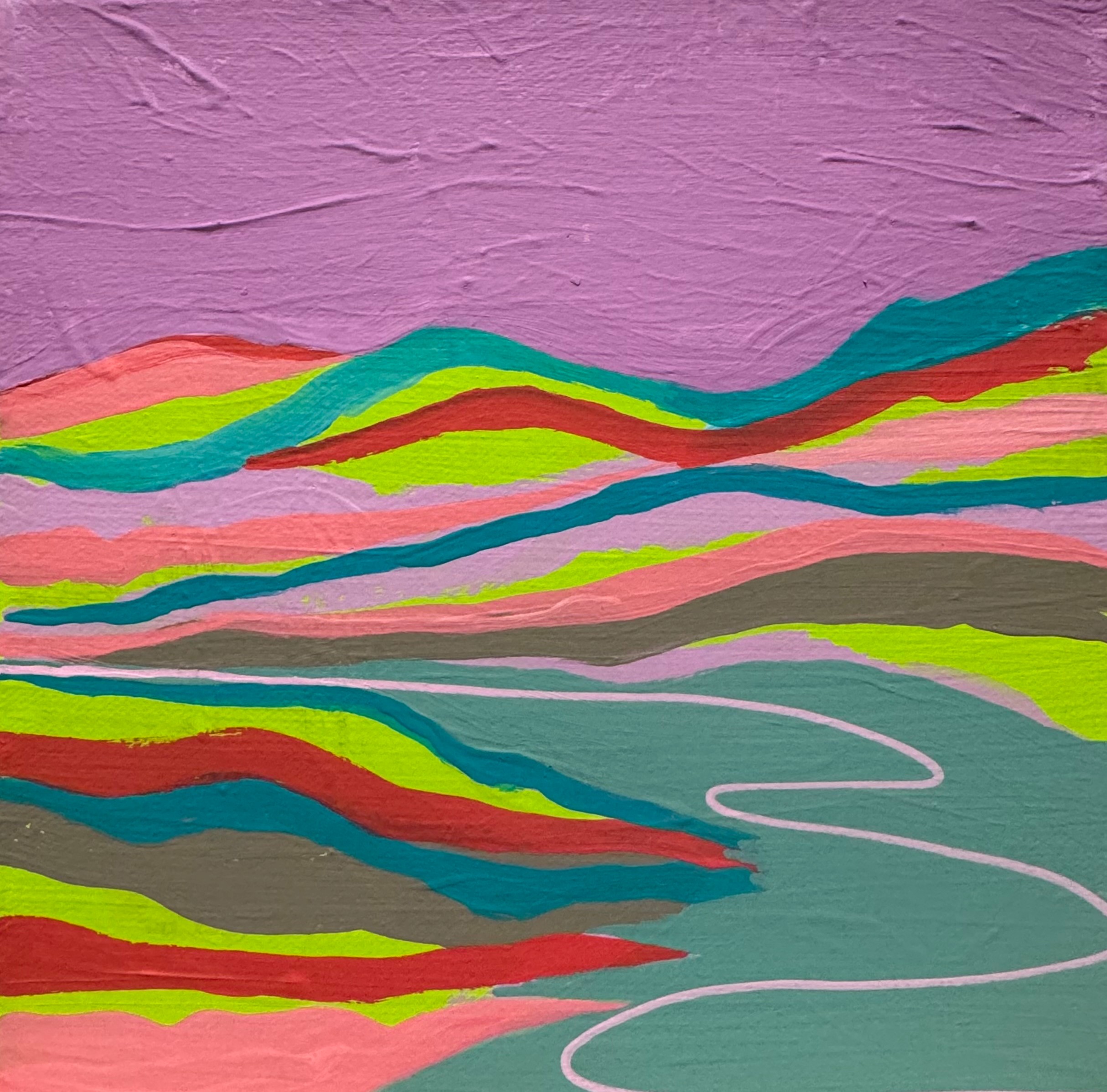Abstract landscape with colorful hills and a winding river, pink sky background, painted in a stylized, layered manner.