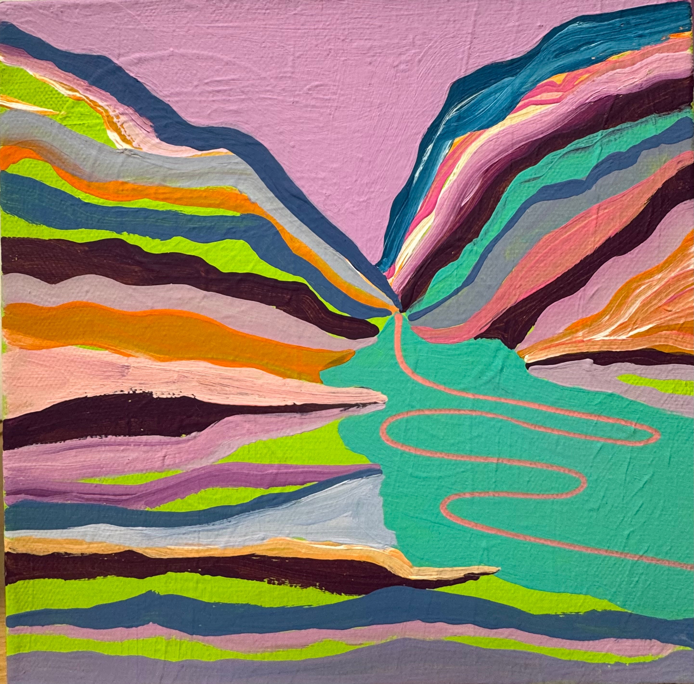 Abstract landscape with colorful mountains, a pink sky, and a winding turquoise river.