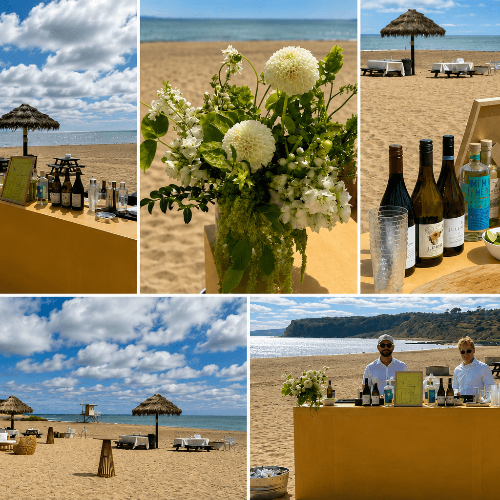 Beach scene with umbrellas, lounge chairs, a bar setup, and a flower arrangement, under partly cloudy sky.