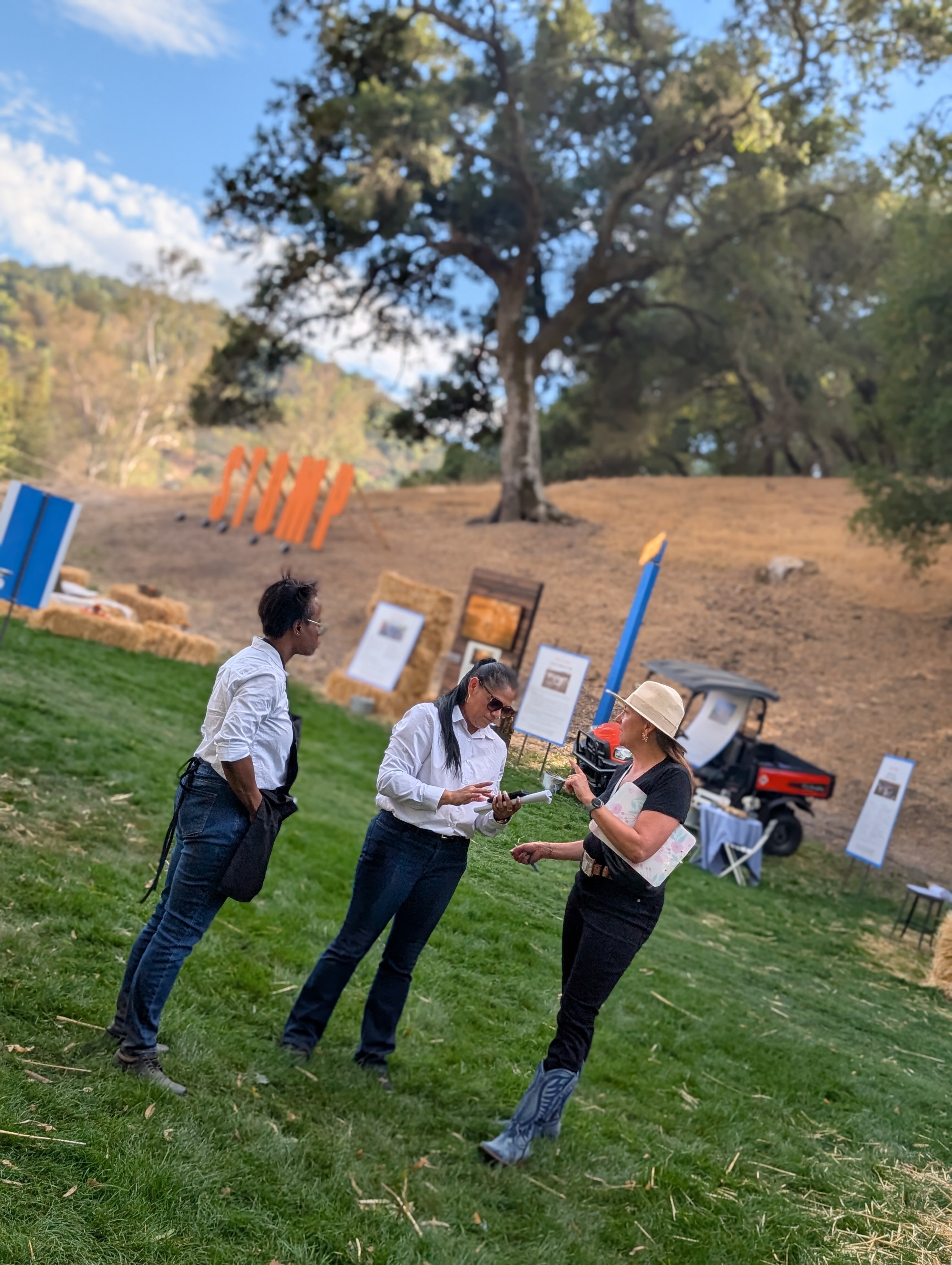 Three people standing on grass outdoors, one wearing a hat, engaging in conversation, with trees and informational signs in background.