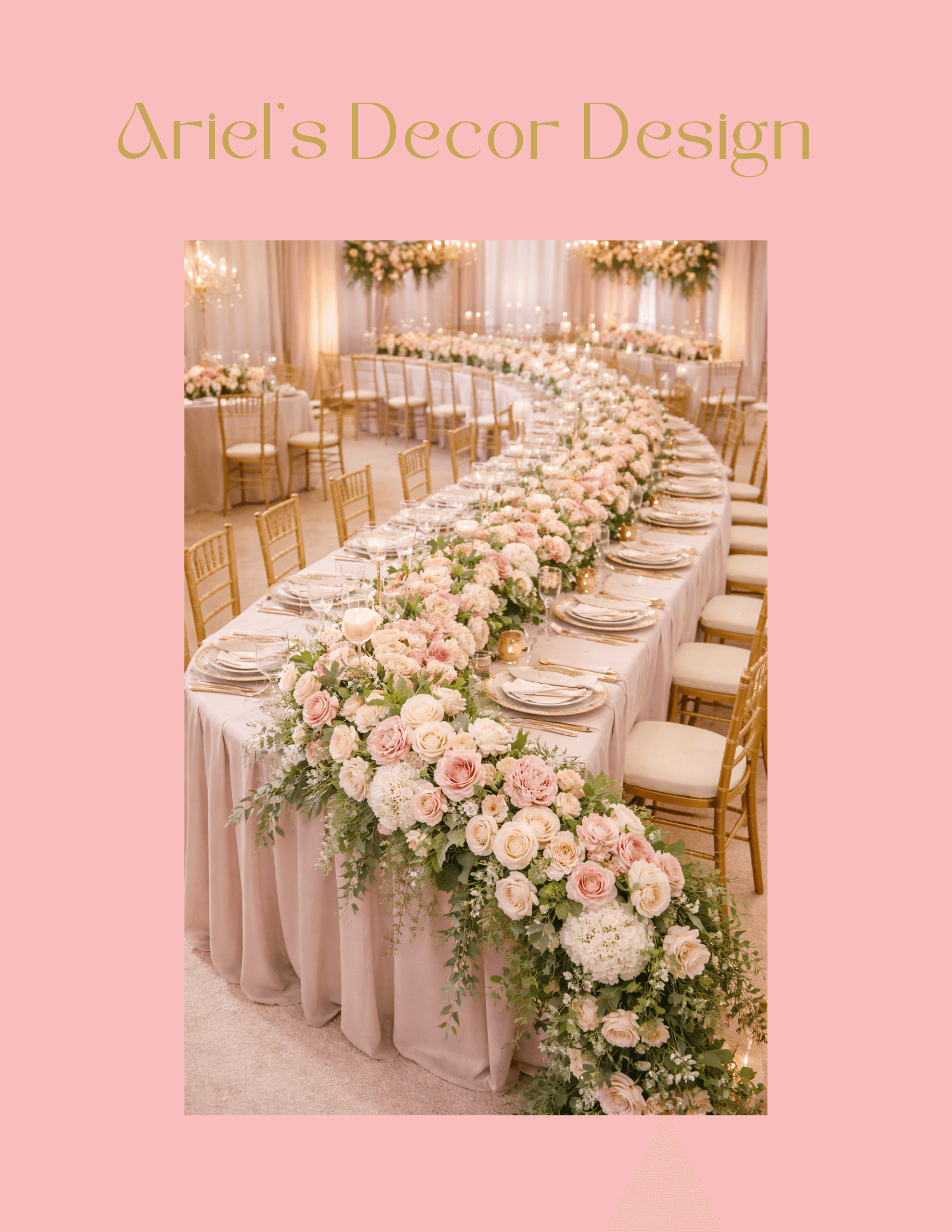 Elegant banquet table decorated with pink and white flowers, set in a decorated event space with chairs and floral arrangements.