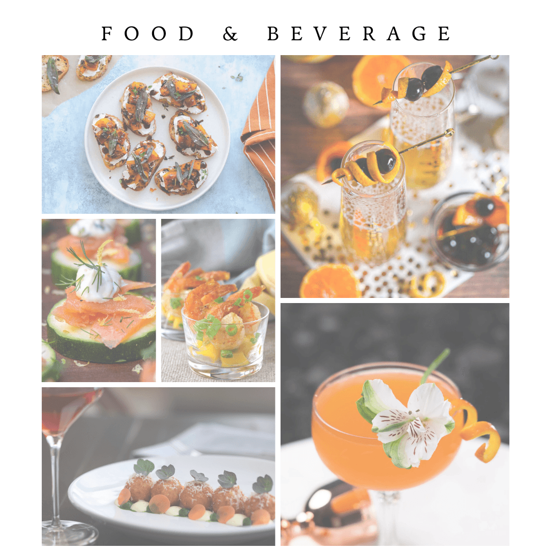 Assorted food and drinks including oysters, cocktails, a sandwich, and appetizers on a white background.