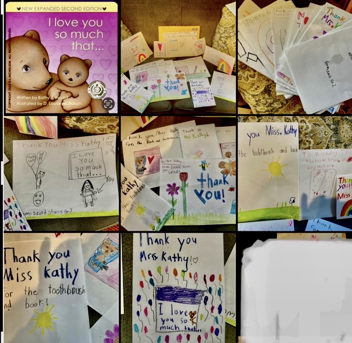 Collection of handwritten and decorated thank you notes, cards, and drawings for Miss Kathy, with colorful designs and messages.