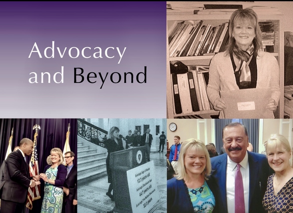 Collage of four images: text 'Advocacy and Beyond', a girl smiling, people at a formal event, and a group with a man and two women.