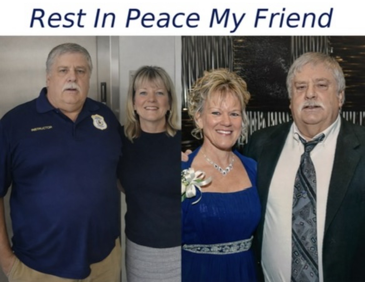 Four people standing together, two men and two women, smiling, with text above reading 'Rest In Peace My Friend'.