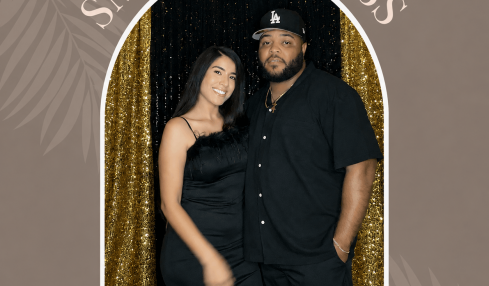 Two people standing in front of a gold curtain, smiling, with text above and below reading 'Small Business Owners'.