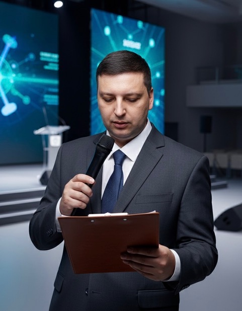 Man in suit holding a microphone and reading from a clipboard in a conference room with digital screens behind him.