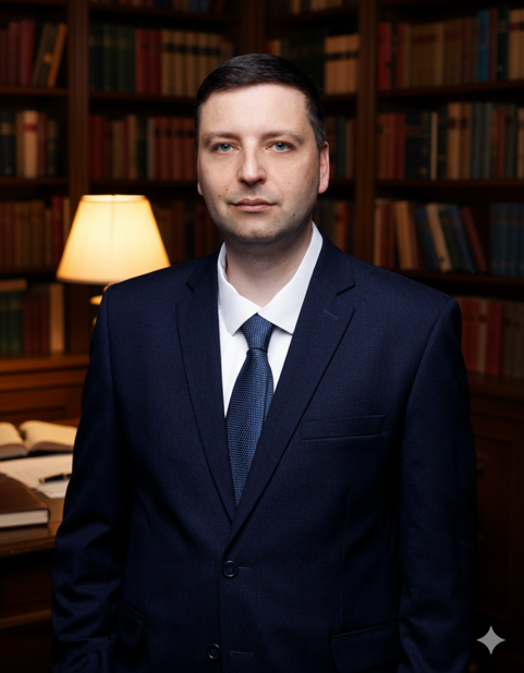 Man in a dark suit and tie standing in a library with bookshelves and a lamp behind him.