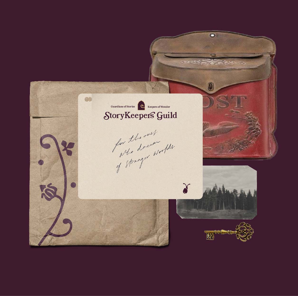A red vintage typewriter case, a handwritten note, a small photo, and a key on a dark background.