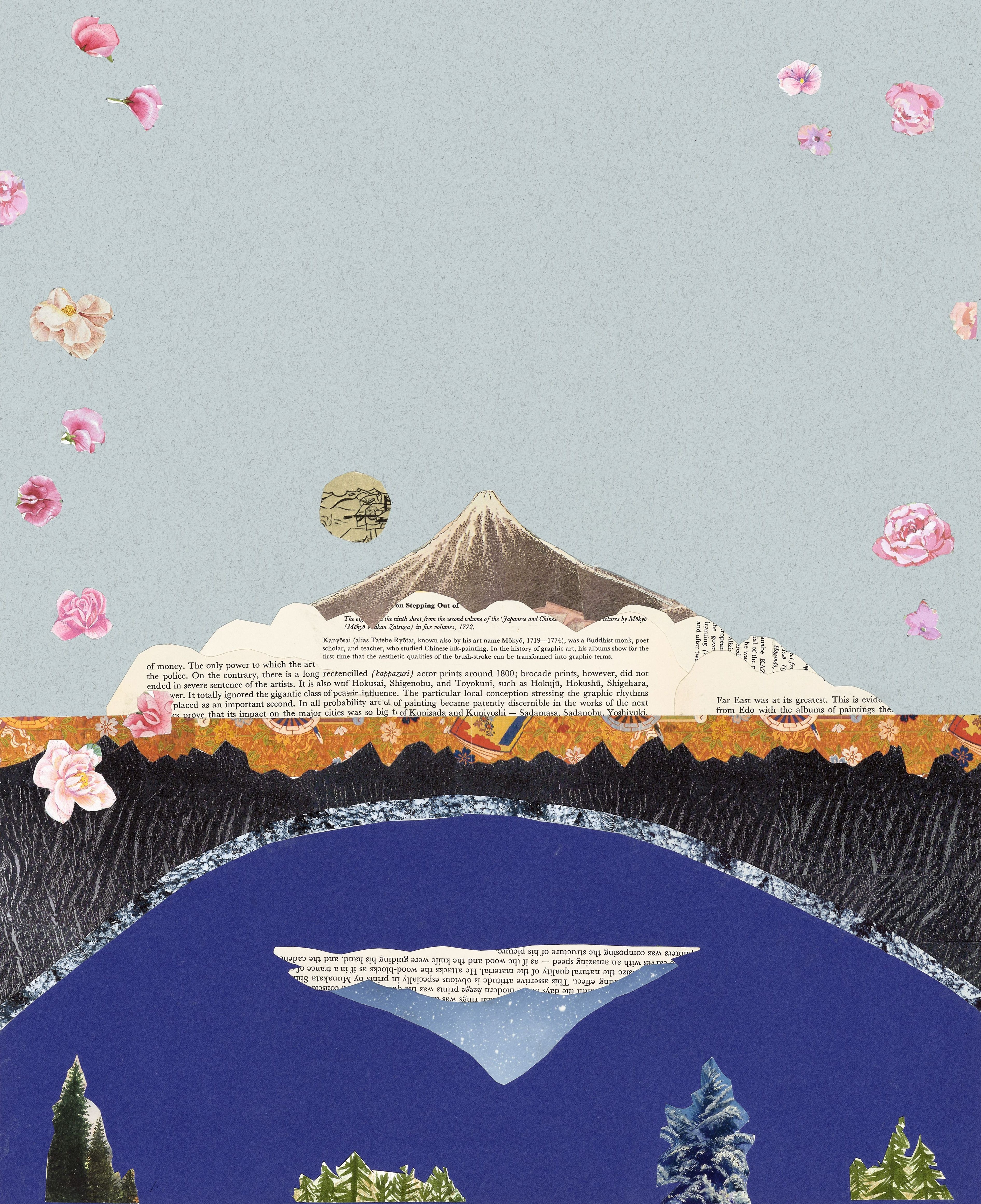 Mountain with a blue arch, ocean, and floating pink flowers against a light sky.