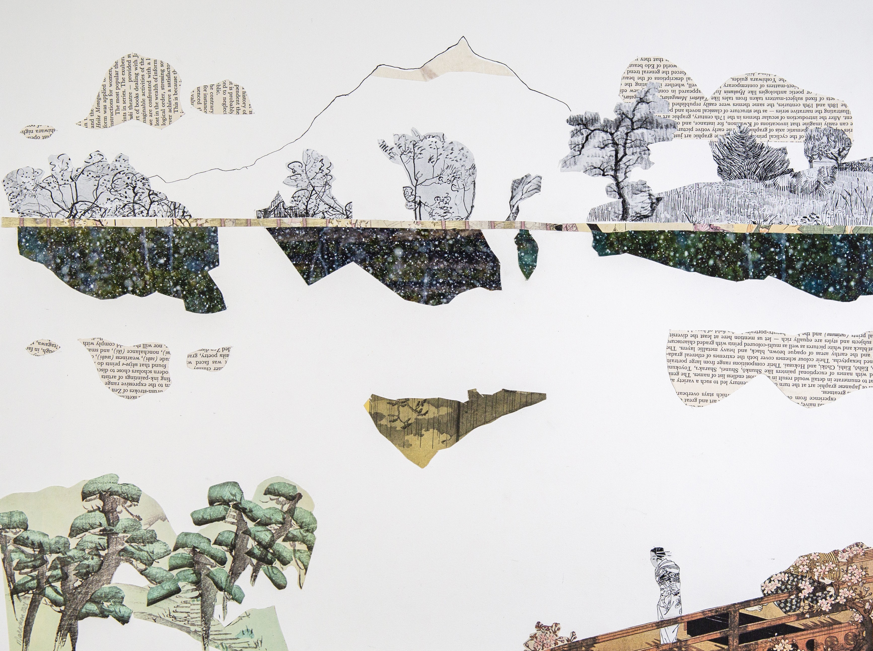 Collage of trees, mountains, and landscape elements with text overlays, arranged in a layered, artistic composition.