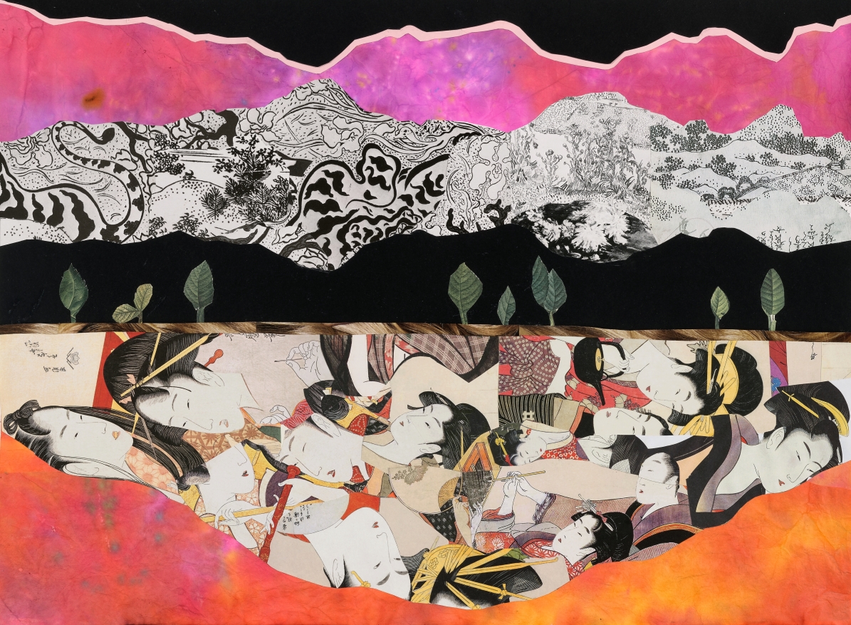 Colorful artwork depicting a scene with multiple figures, mountains, and trees, with vibrant pink, black, and orange background.