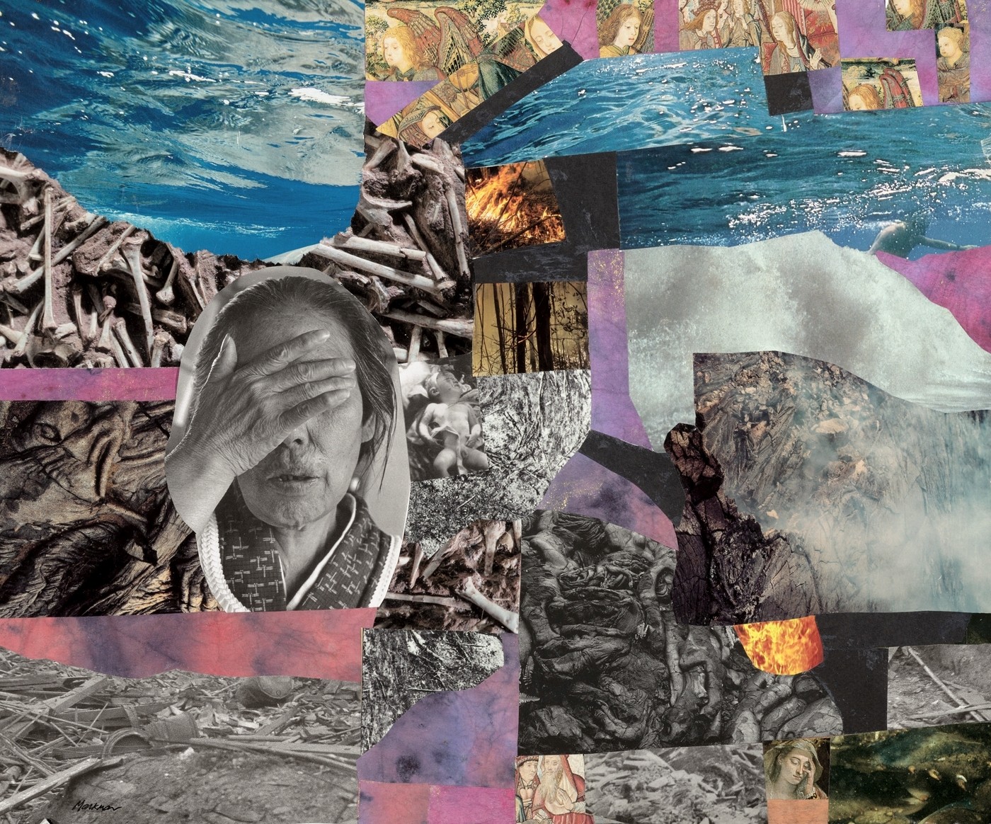 Collage of various images including a person with hand on face, water, mountains, and abstract patterns.