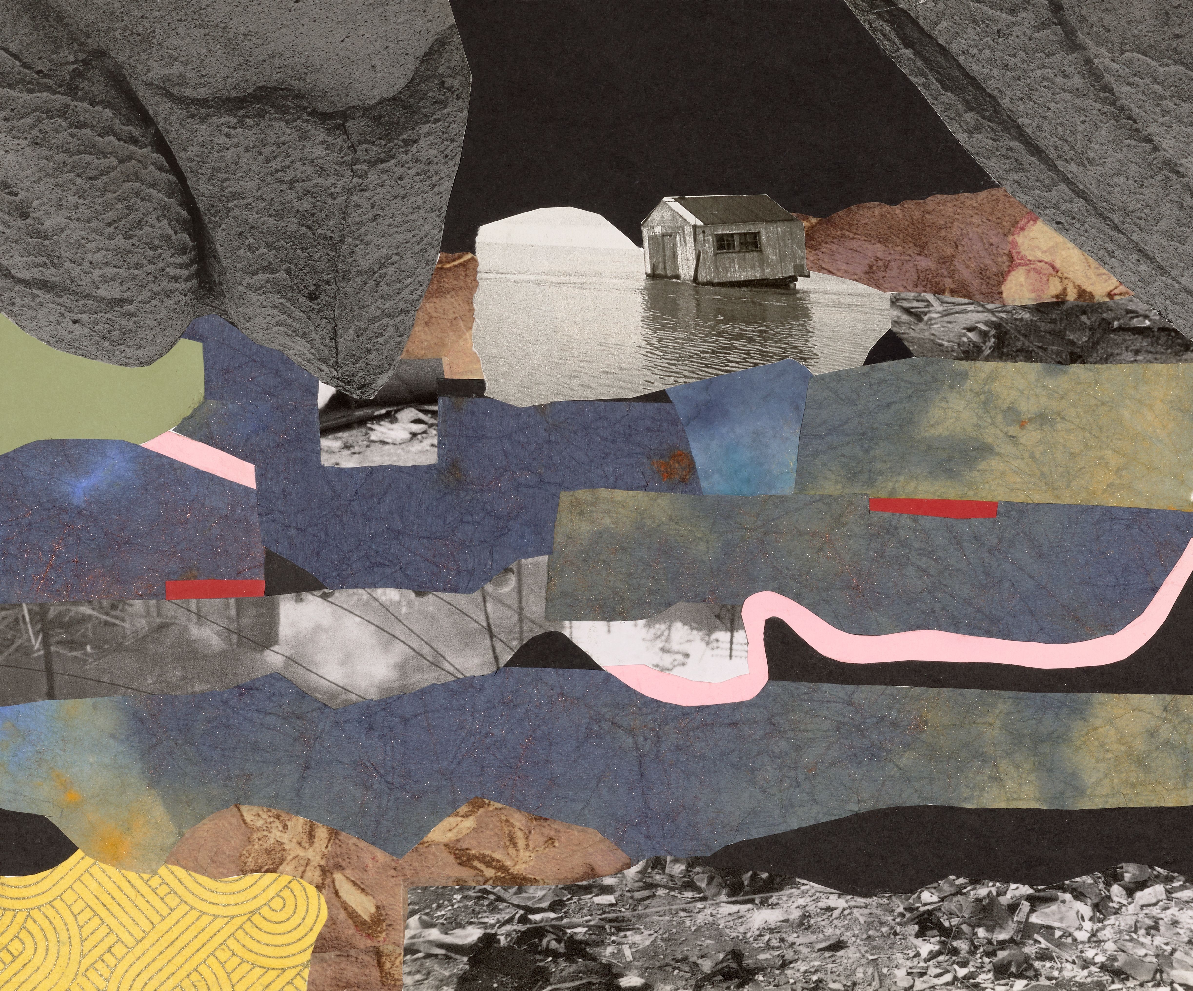Mixed media collage of a landscape with water, a small house, and abstract shapes and textures.