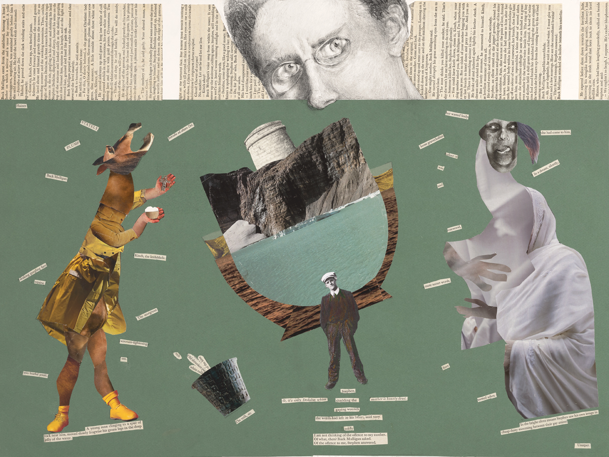 Collage with a person, a dog, and various objects on a green background, with a partial black-and-white face at the top.