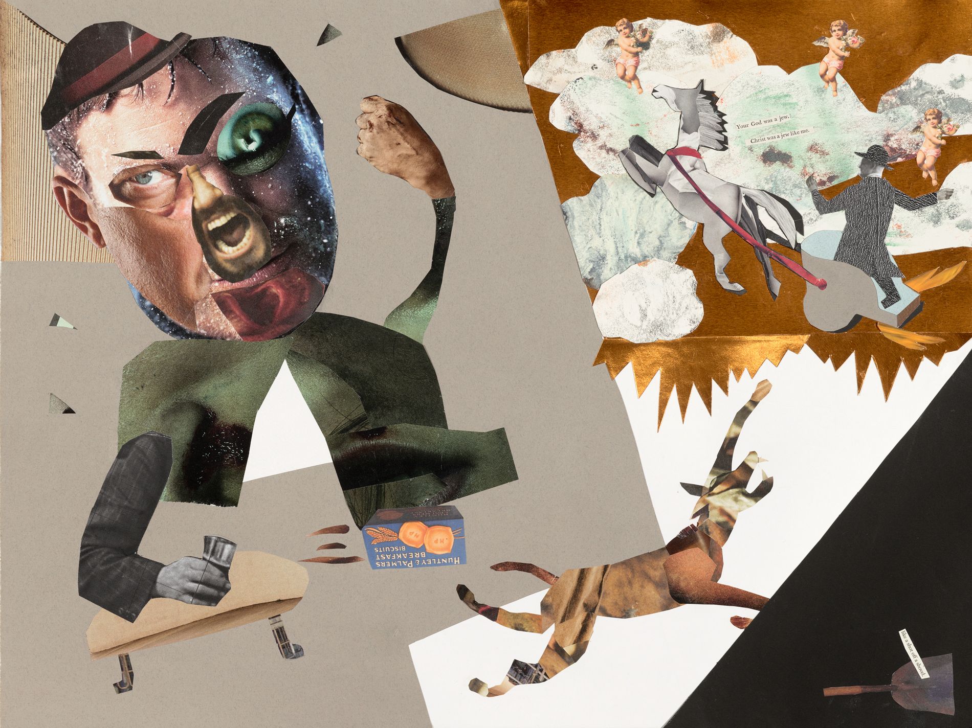 Collage of a distorted face, a person riding a horse, a dog, and a torn paper with clouds and figures.