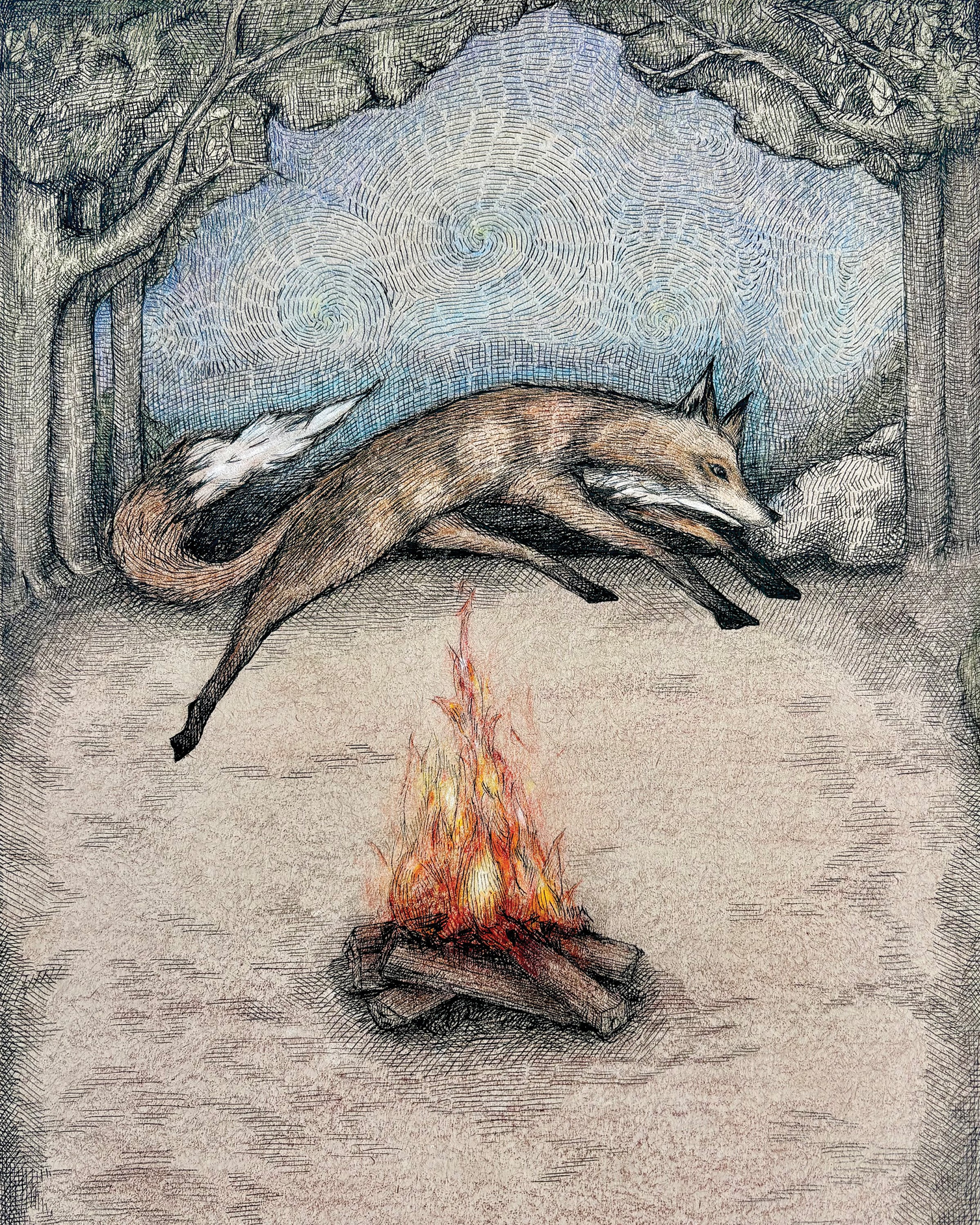 A fox is leaping over a campfire in a forest with trees and a cloudy sky in the background.