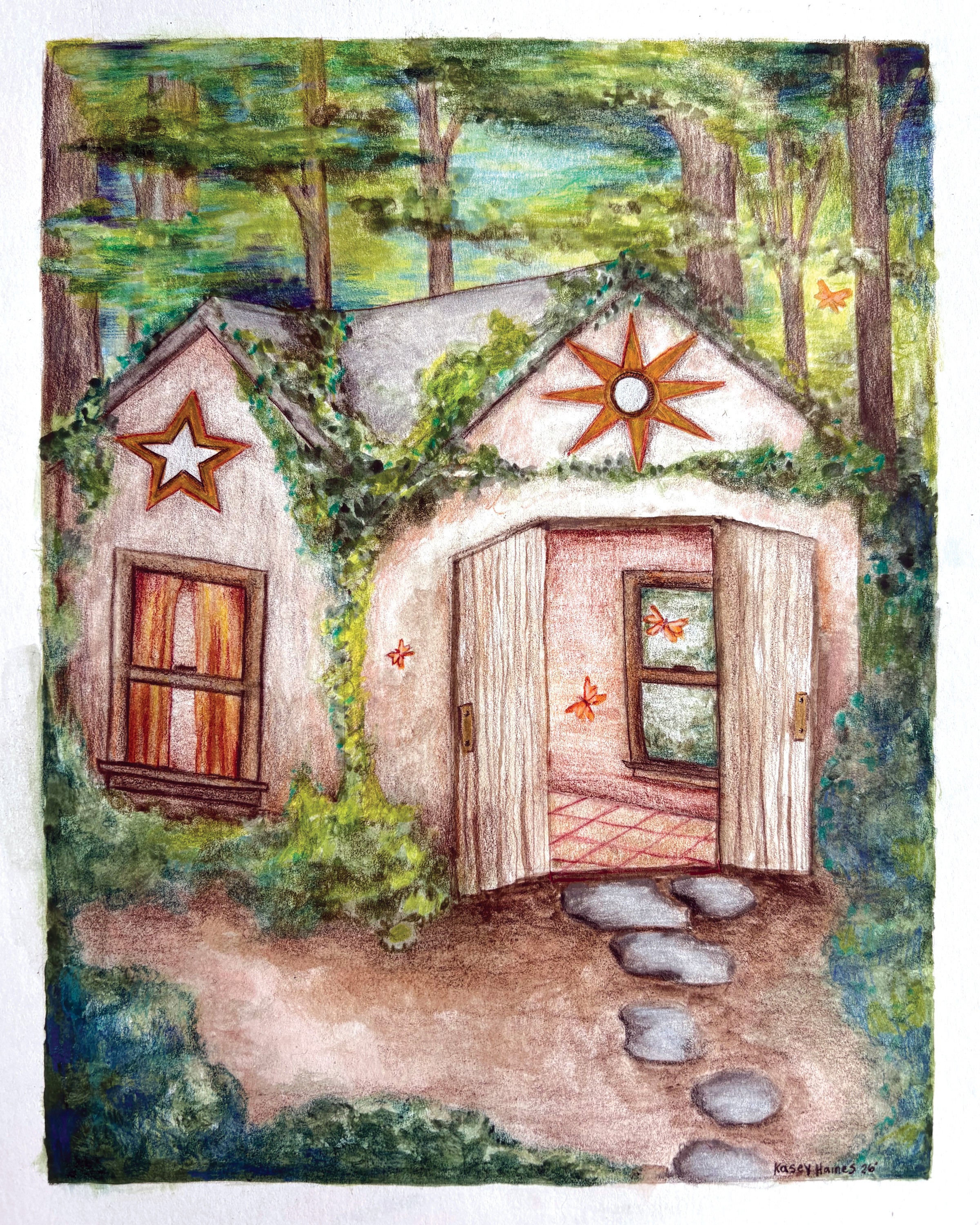 Two small houses with star decorations, surrounded by trees and greenery, with a stone pathway leading to the entrance.