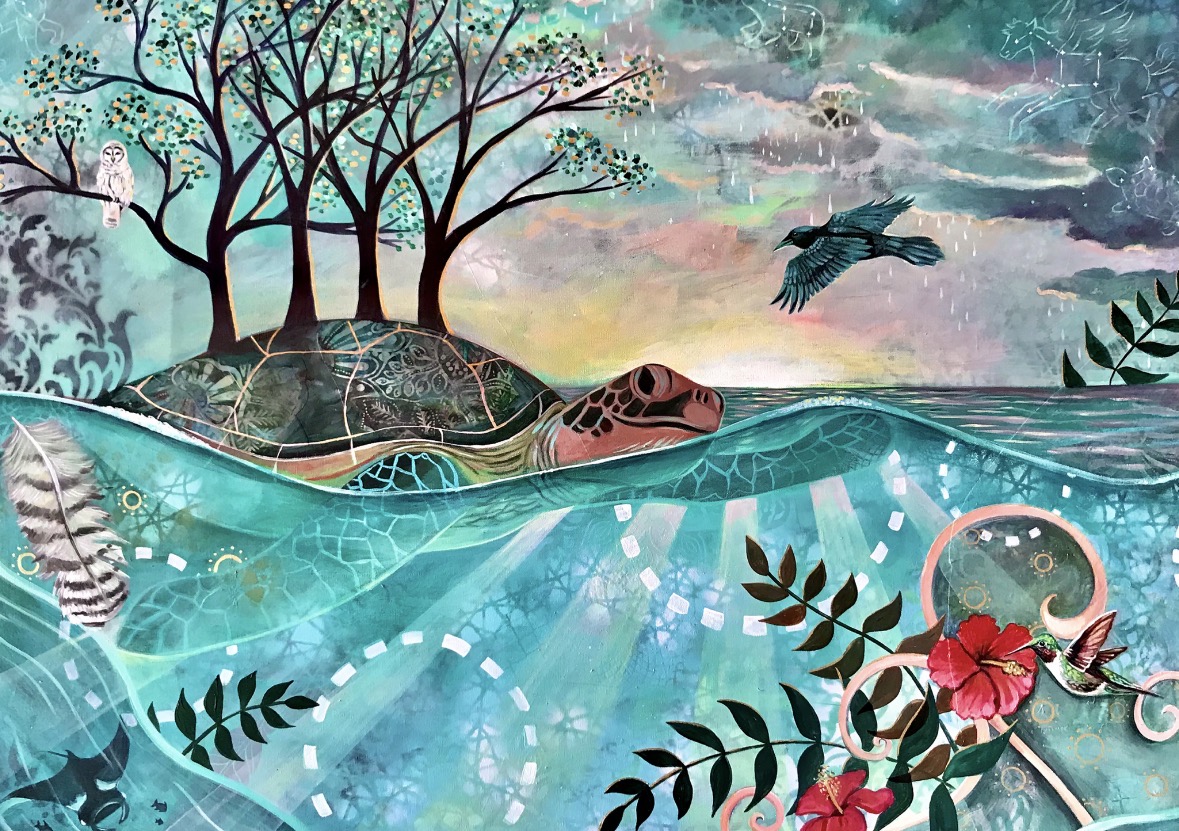A colorful illustration of a turtle swimming in water with trees, birds, and plants in the background.