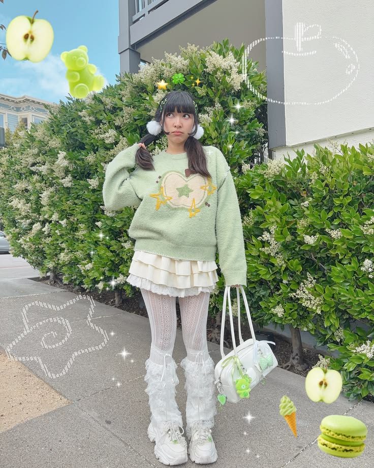 Young girl with long dark hair in pigtails, wearing a pastel green sweater, layered skirt, and white boots, standing outdoors near bushes.