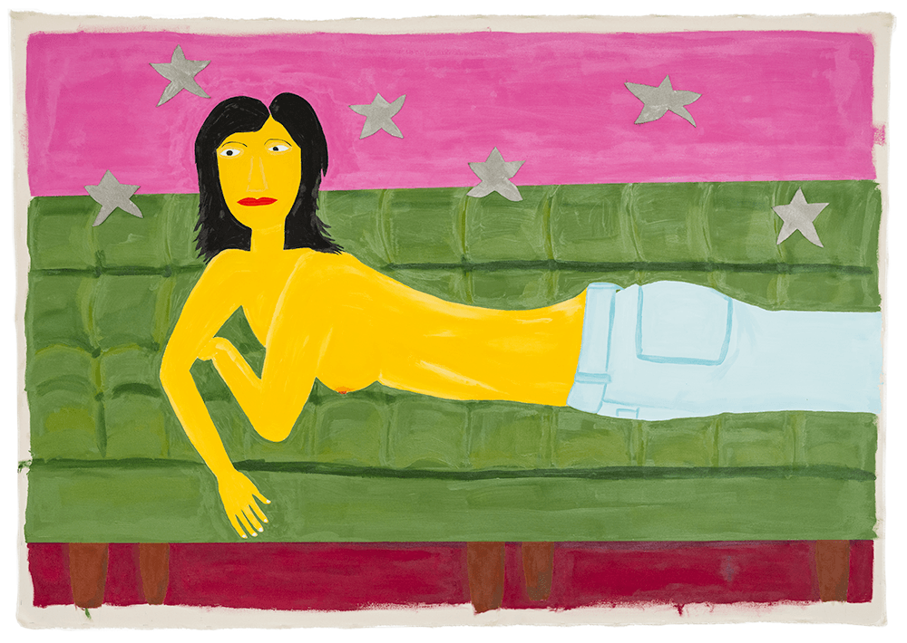 Person with black hair lying on a green couch, wearing a yellow top and white pants, against a pink background with stars.